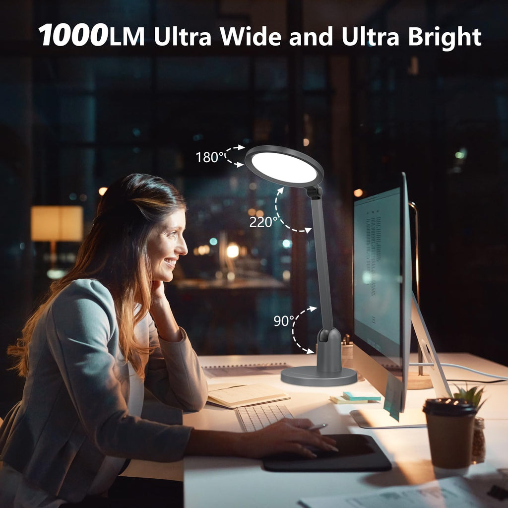 Desk Lamps for Office with Stable Base, 1000LM Ultra Bright Eye-Caring LED Desk Light, 3000K-6000K Dimmable Table Lamp with Stepless Dimming & Timing Function for Work, Reading, Bedroom, Bedside