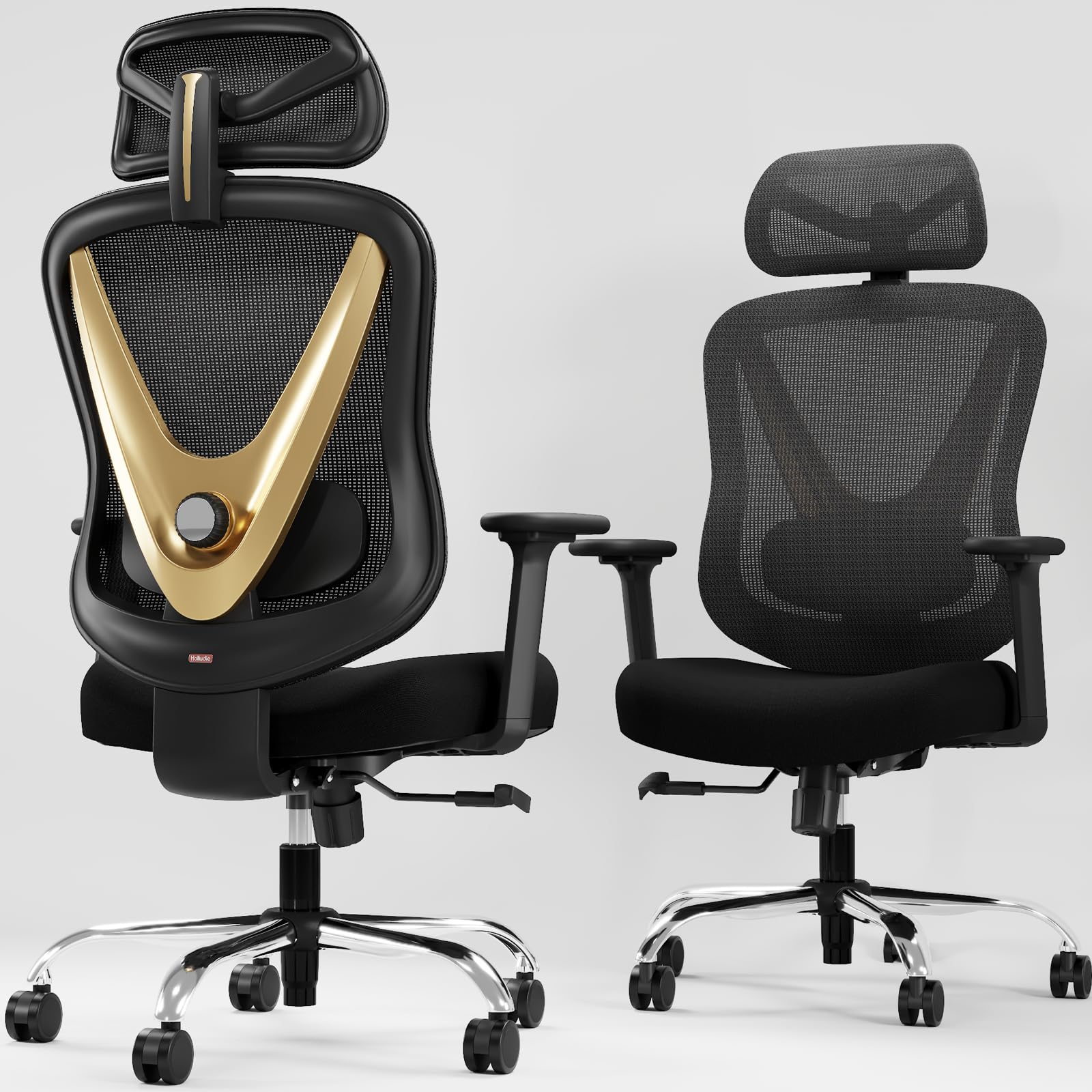 Ergonomic Mesh Office Chair - 3D Adjustable Lumbar Support & 3D Armrests, V-Shaped Back, Adjustable Desk Chair for Office & Home, Black and Gold