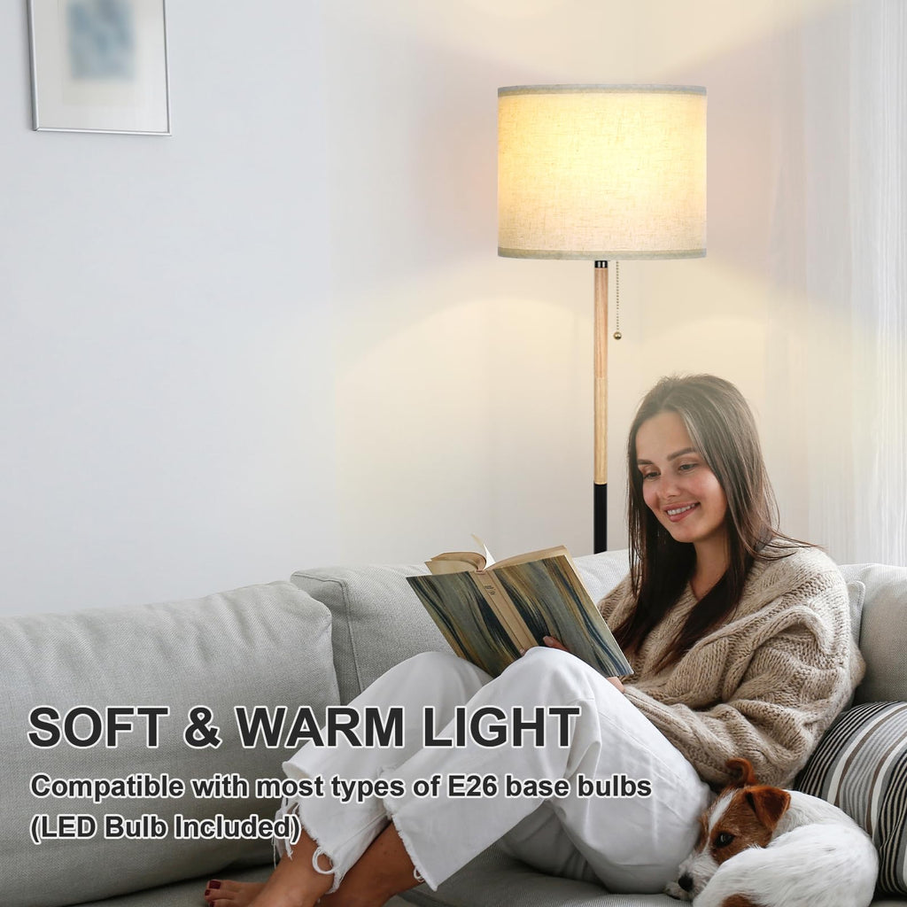 Bedroom Standing Floor Lamp with Linen Shade,White+ Wood Black Pole