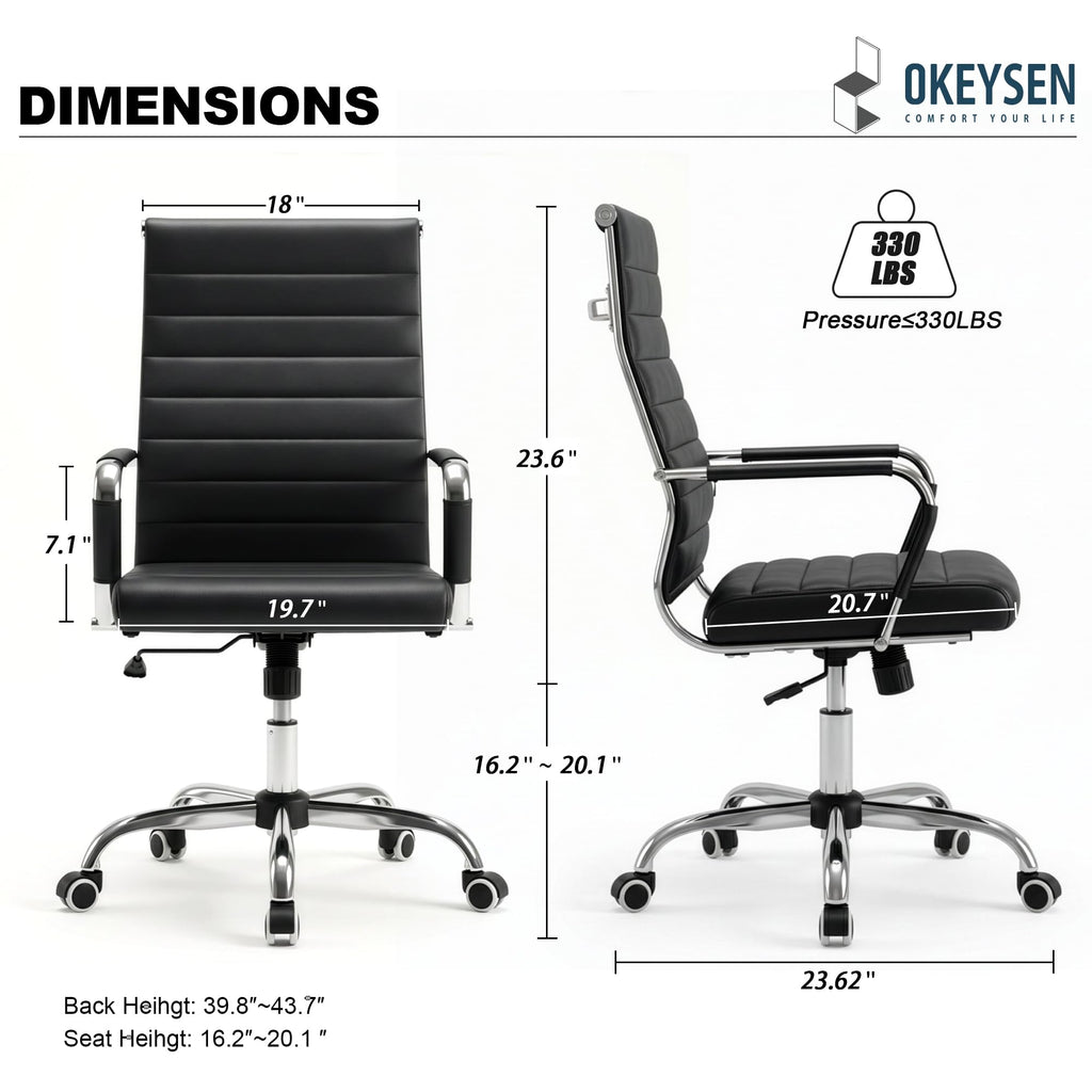 Office Desk Chair, Ergonomic Leather Modern Conference Room Chairs, Executive Ribbed Adjustable Swivel Rolling Chair for Home Office.