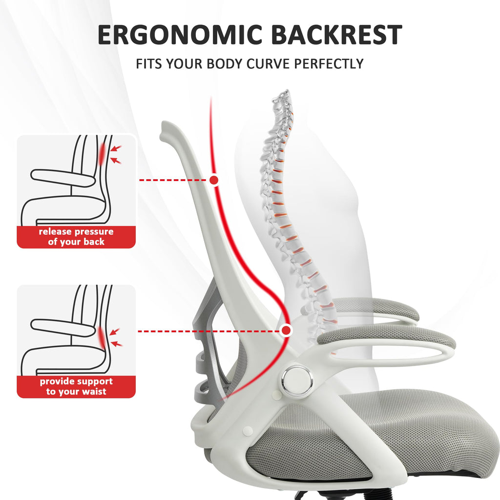 Office Chair Ergonomic Chair with Flip up Armrests, Thickened Seat Computer Chair with Breathable Mesh Back Home Office Computer Chairs for Long Hours Mesh Office Chair(Grey)