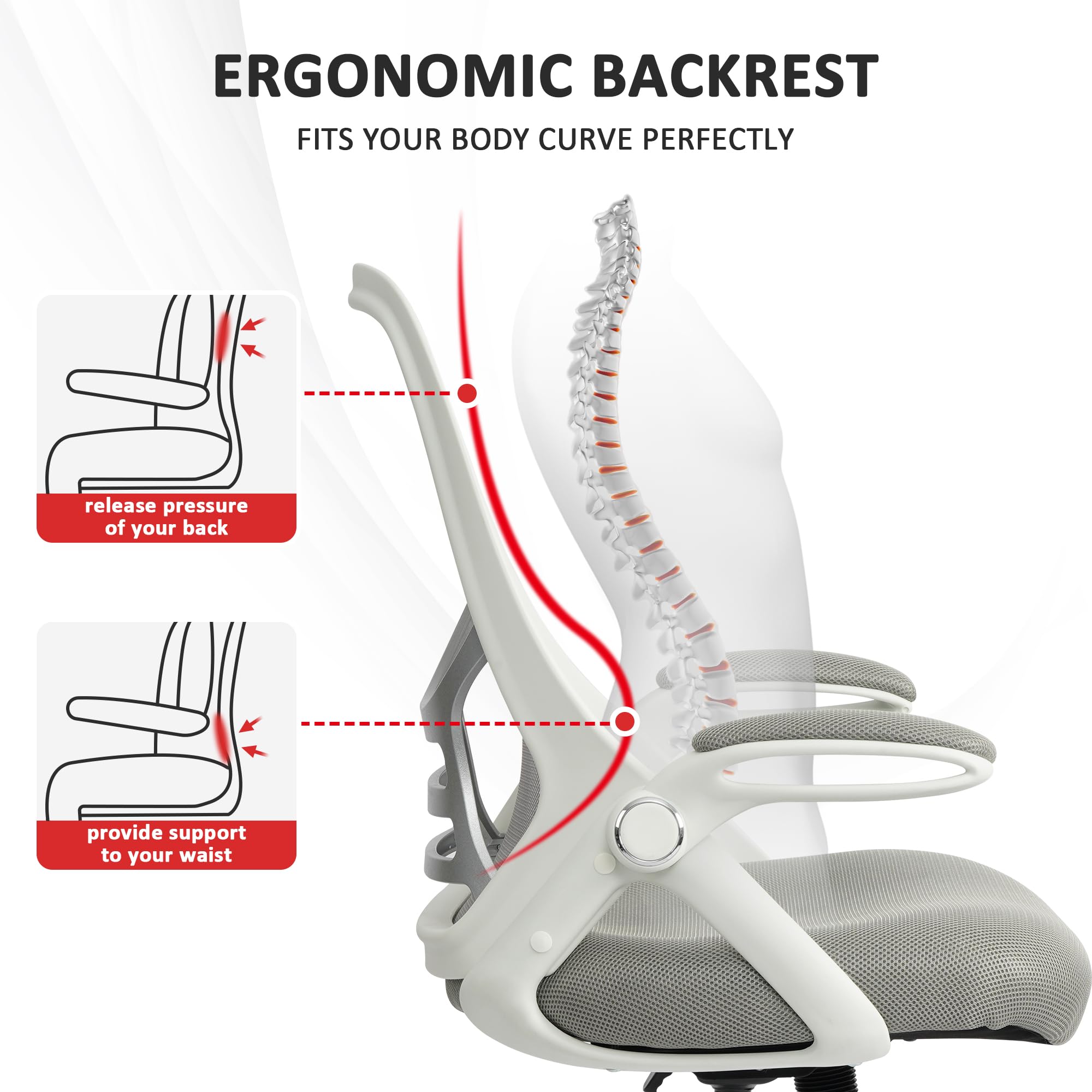 Office Chair Ergonomic Chair with Flip up Armrests, Thickened Seat Computer Chair with Breathable Mesh Back Home Office Computer Chairs for Long Hours Mesh Office Chair(Grey)