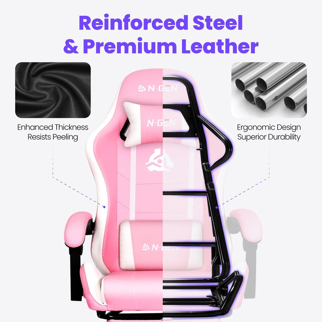 Gaming Chair with Footrest Lumbar Support for Home Office High Back Recliner Height Adjustable Ergonomic Comfy Leather Computer Desk Chair (Pink)