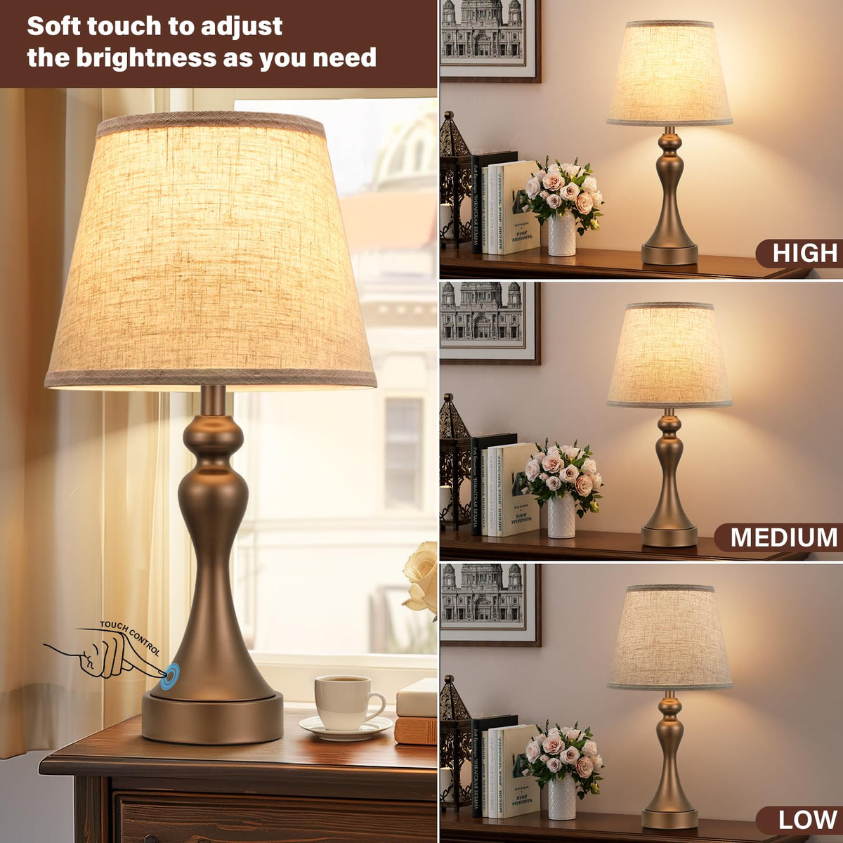Touch Lamps for Nightstand, 3 Way Dimmable Bedside Lamps with USB C+A Ports