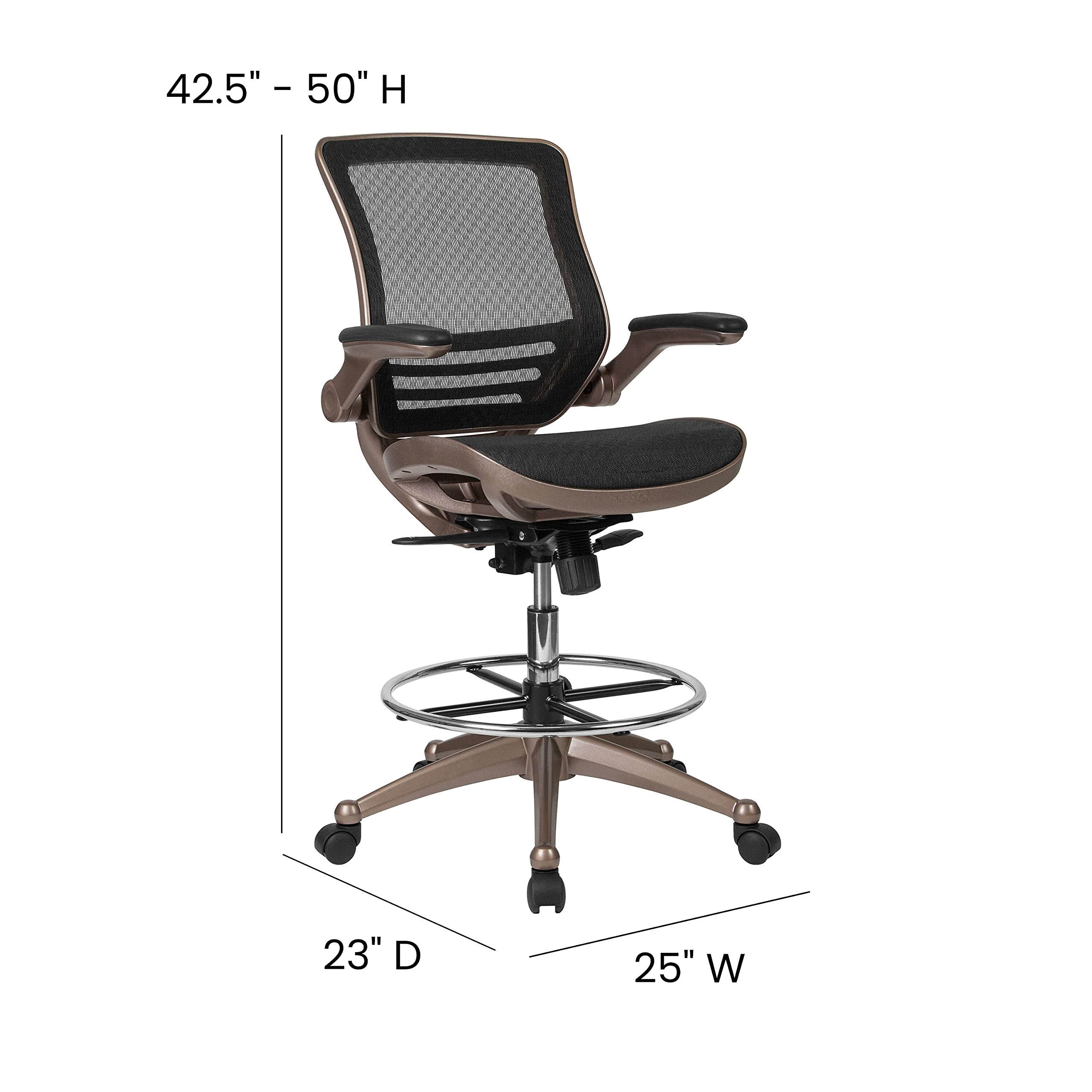 Mid-Back Swivel Office Chair with Adjustable Foot Ring and Seat Height, Ergonomic Mesh Chair with Armrests, Black/Gold