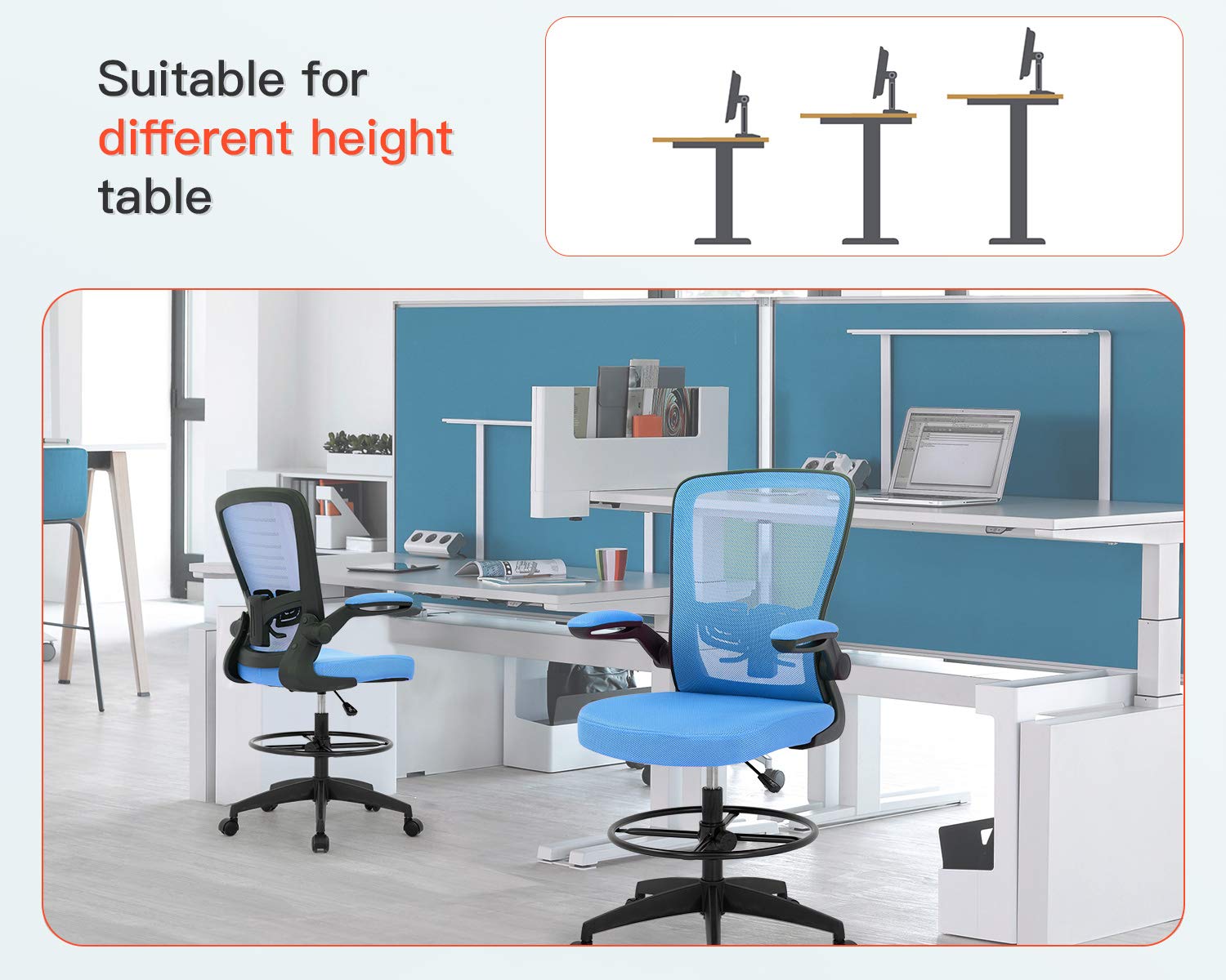 Drafting Chair Tall Office Chair Adjustable Height with Lumbar Support Arms Footrest Mid Back Standing Desk Chair Swivel Rolling Mesh Computer Chair Standing Desk Drafting Stool Blue