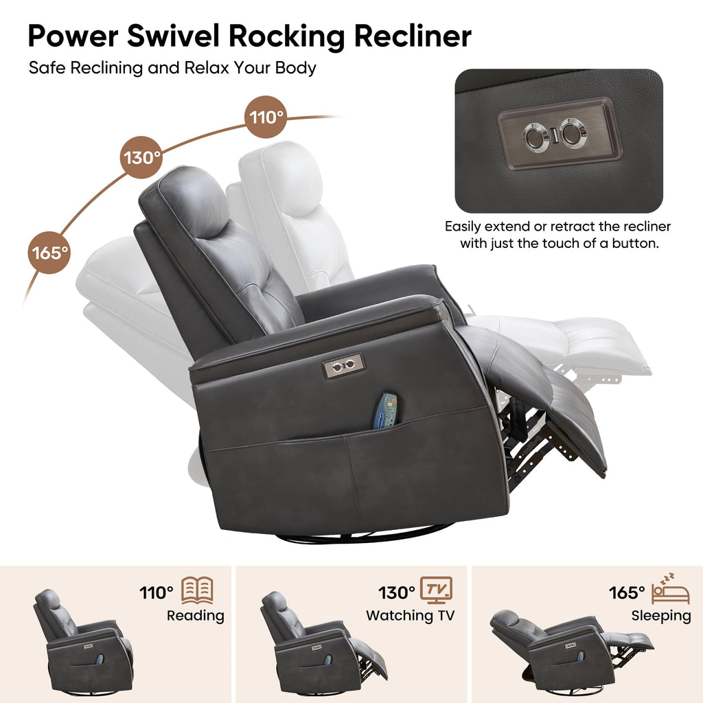 Recliner Chair for Adults, Power Faux Leather Rocker Recliner Massage and Heat, Oversized Swivel Reclining Nursery Chair with USB Ports for Living Room, Office Grey
