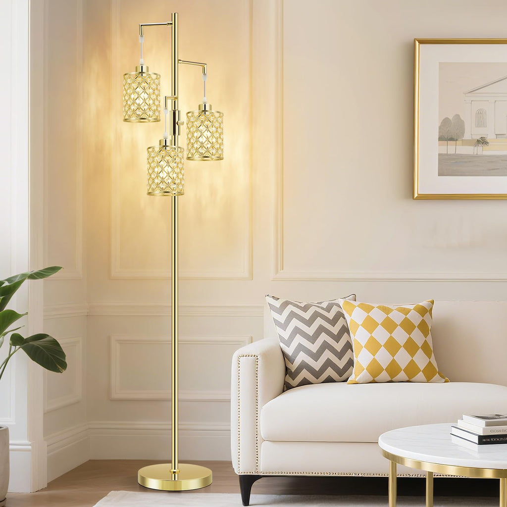 Morden Gold Crystal Floor Lamps for Living Room, 3-Light Standing Tall Lamp with Elegant K9 Crystal Shade & Rotary Switch, Modern Corner Floor Lamp for, Bedroom, Home Office, Reading