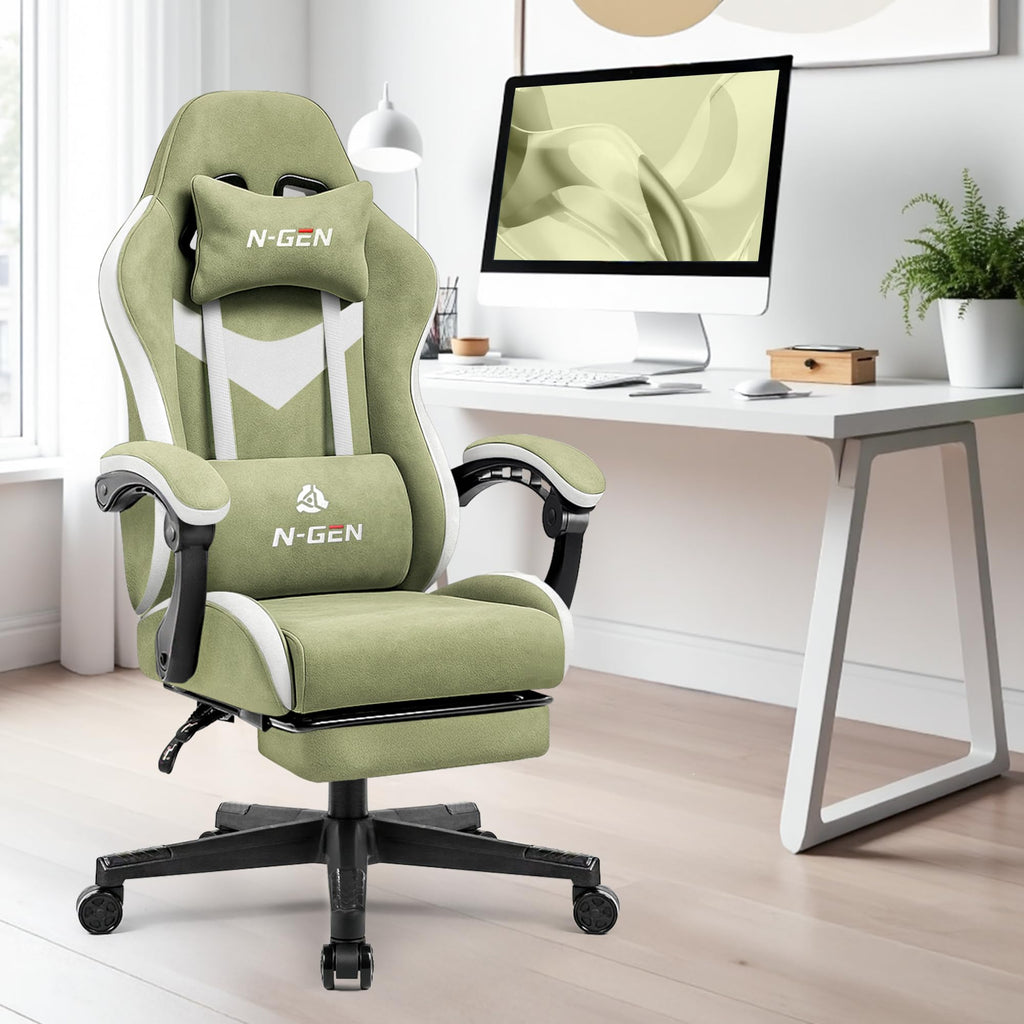 Gaming Chair with Footrest Lumbar Support for Home Office High Back Recliner Height Adjustable Ergonomic Comfy Fabric Computer Desk Chair (Green)