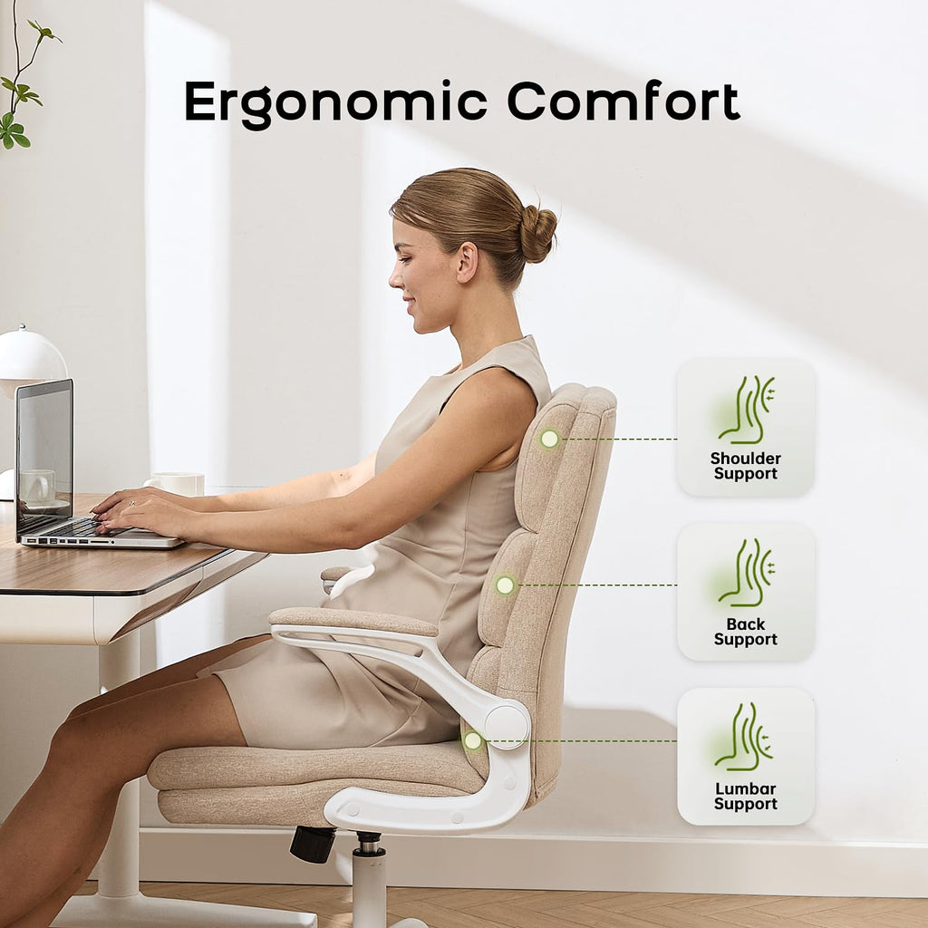 Office Chair Adjustable Desk Chair Mid Back Executive Comfortable Fabric Ergonomic Back Support Home Computer Chair with Padded Flip-up Armrest Swivel Wheels (Beige)