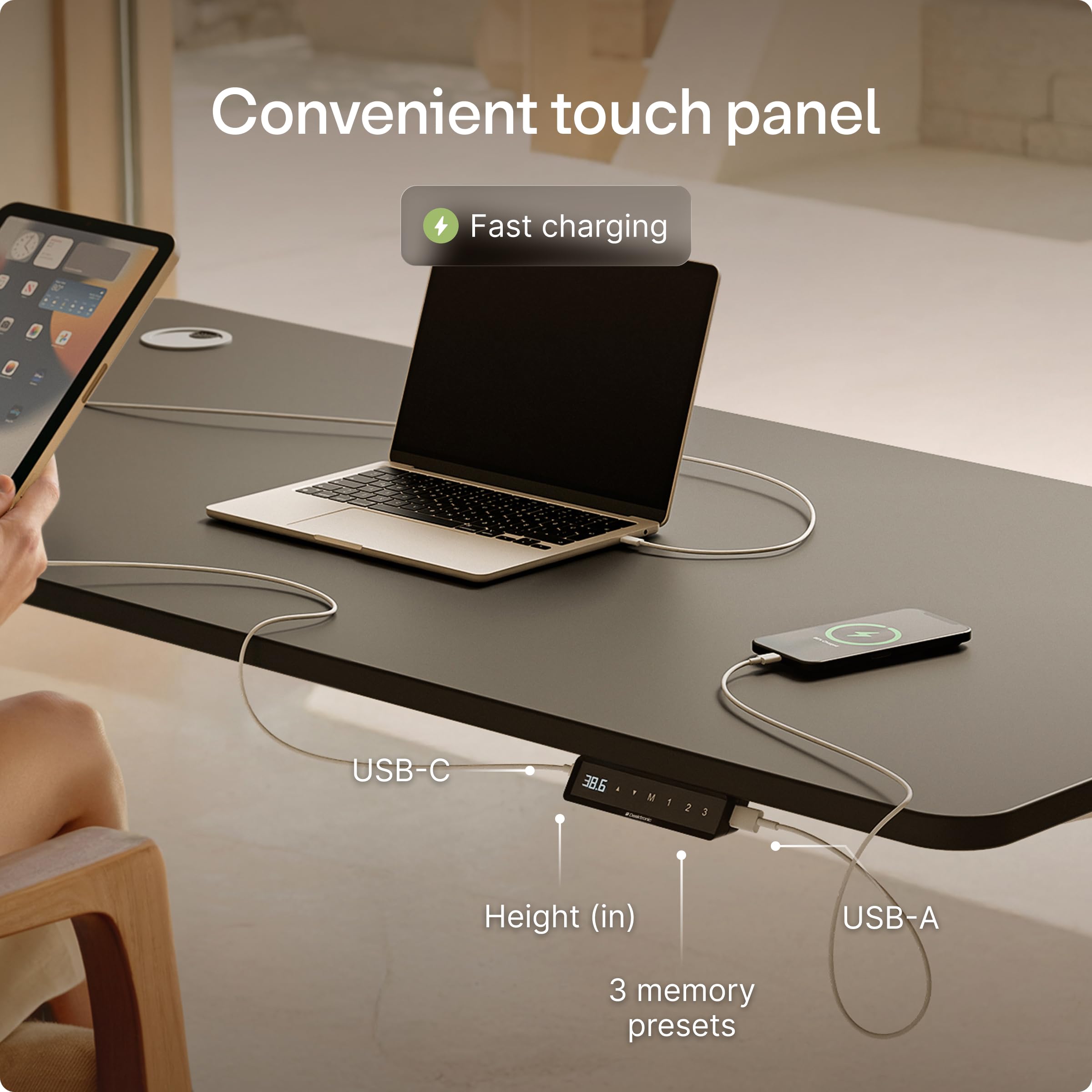 Standing Desk 48x24 — Made in Europe, Ergonomic Sit Stand Home Office Desk, Electric Height Adjustable, Dual Motor, USB & USB-C Charging, Wobble-Free, Touchscreen, 3 Memory Presets