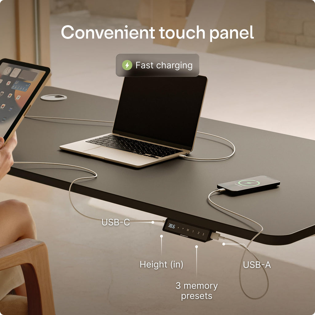 Standing Desk 54x28 — Made in Europe, Ergonomic Sit Stand Home Office Desk, Electric Height Adjustable, Dual Motor, USB & USB-C Chargiing, Wobble-Free, Touchscreen, 3 Memory Presets