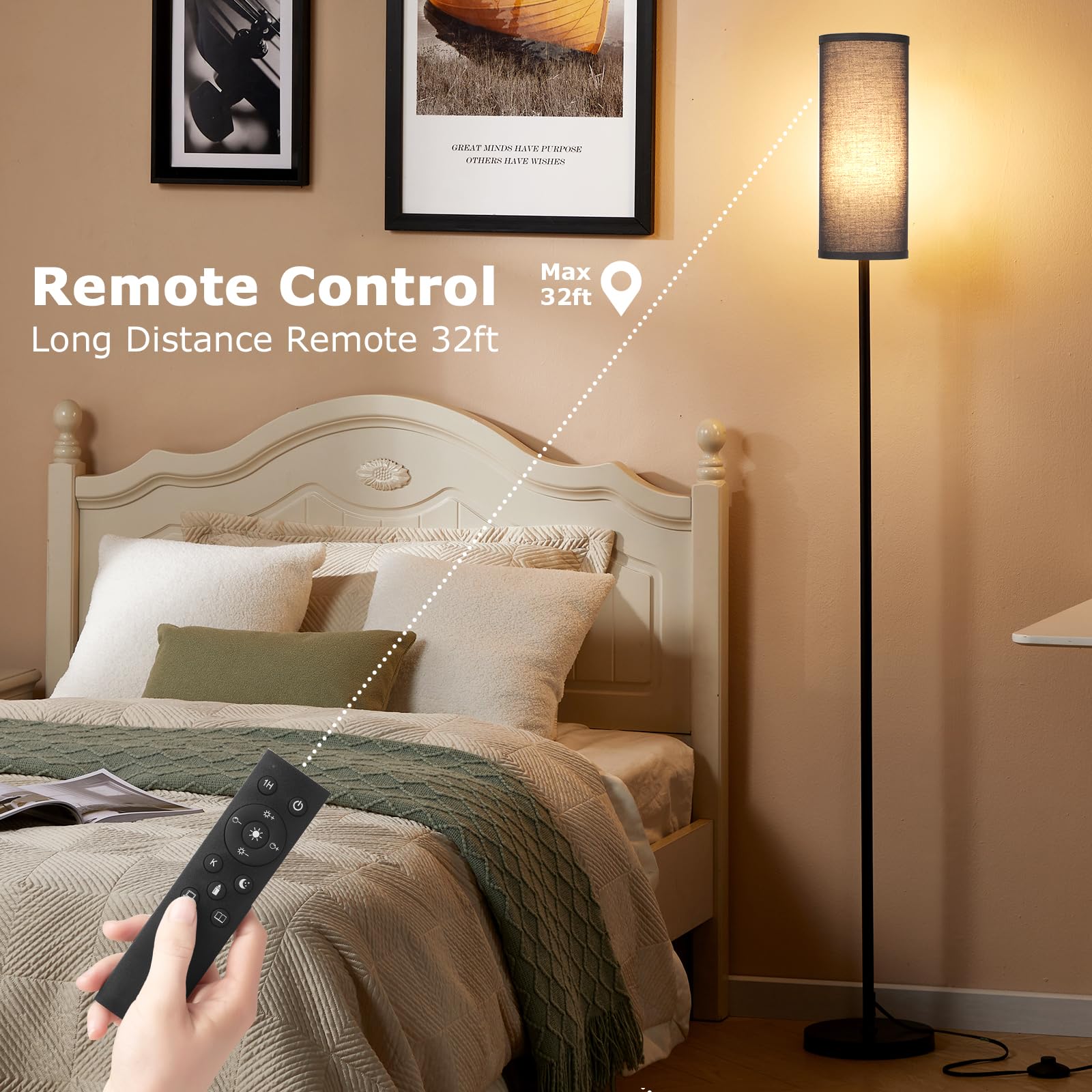 64'' Floor Lamps for Living Room with Remote Control and Stepless Dimmable Colors Temperature & Brightness, 9W Bulb Included(Black Lampshade & Black Pole)