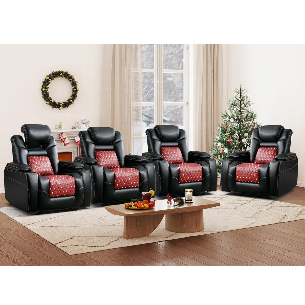 Power Recliner Chair Set of 4,Home Theater Seating with Adjustable Headrest,Cup Holders,USB Port,Hidden Arm Storage(Black)