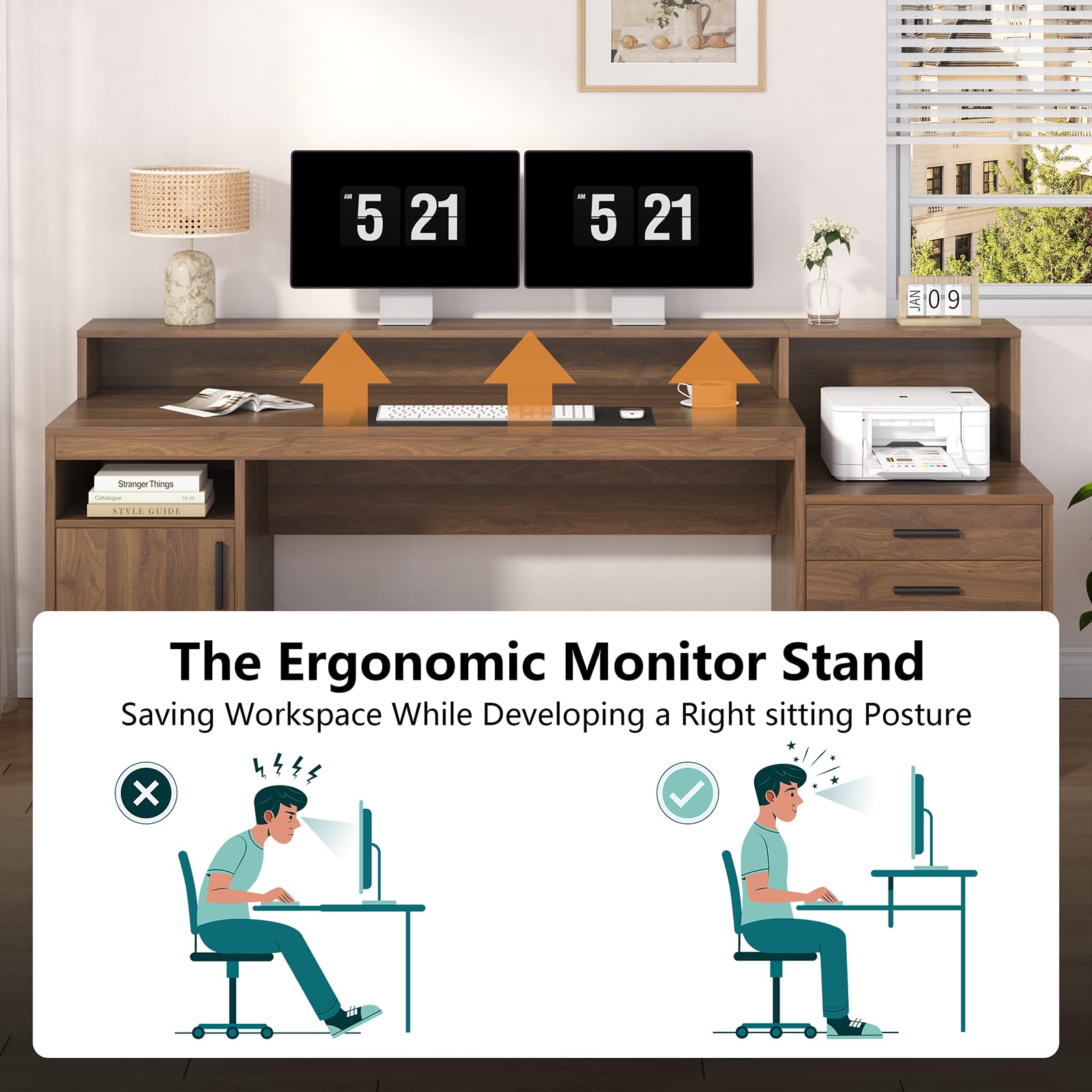 Computer Desk with 3 Drawers & Storage Shelves, 65 Inch Home Office Desk with File Drawer & Cabinet, Writing Study Desks with Monitor Stand & Printer Shelf, Executive Desk, Brown