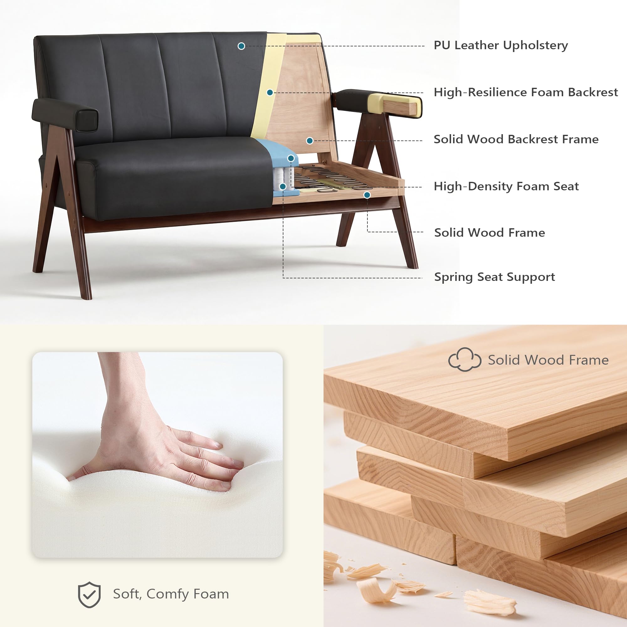 Black Leather Loveseat Sofa and Accent Chairs Set of 2, Mid-Century Modern Office Furniture Couch and Chair Set, Small Love Seat Couches with Wood Arm, 3 Pieces Living Room Furniture Sets (3)