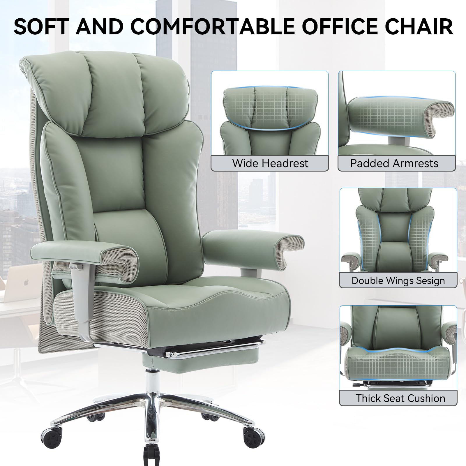Big and Tall Office Chair 400lbs - Heavy Duty Executive Desk Chair with Foot Rest & 23" Wide Seat - High Back Ergonomic Leather Computer Chair for Heavy People, Home Office, Green