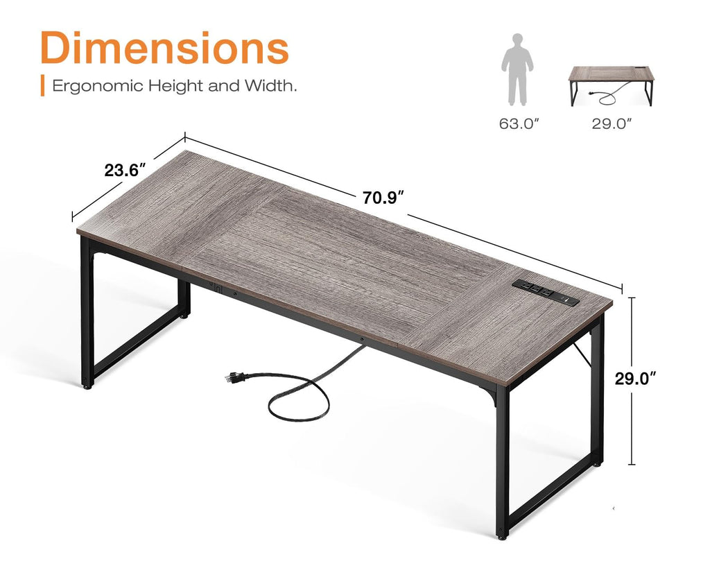 71 x 24 Inch Computer Desk with USB Ports, Large Office Desk, Long Study Student Writing Desk, Grey Oak