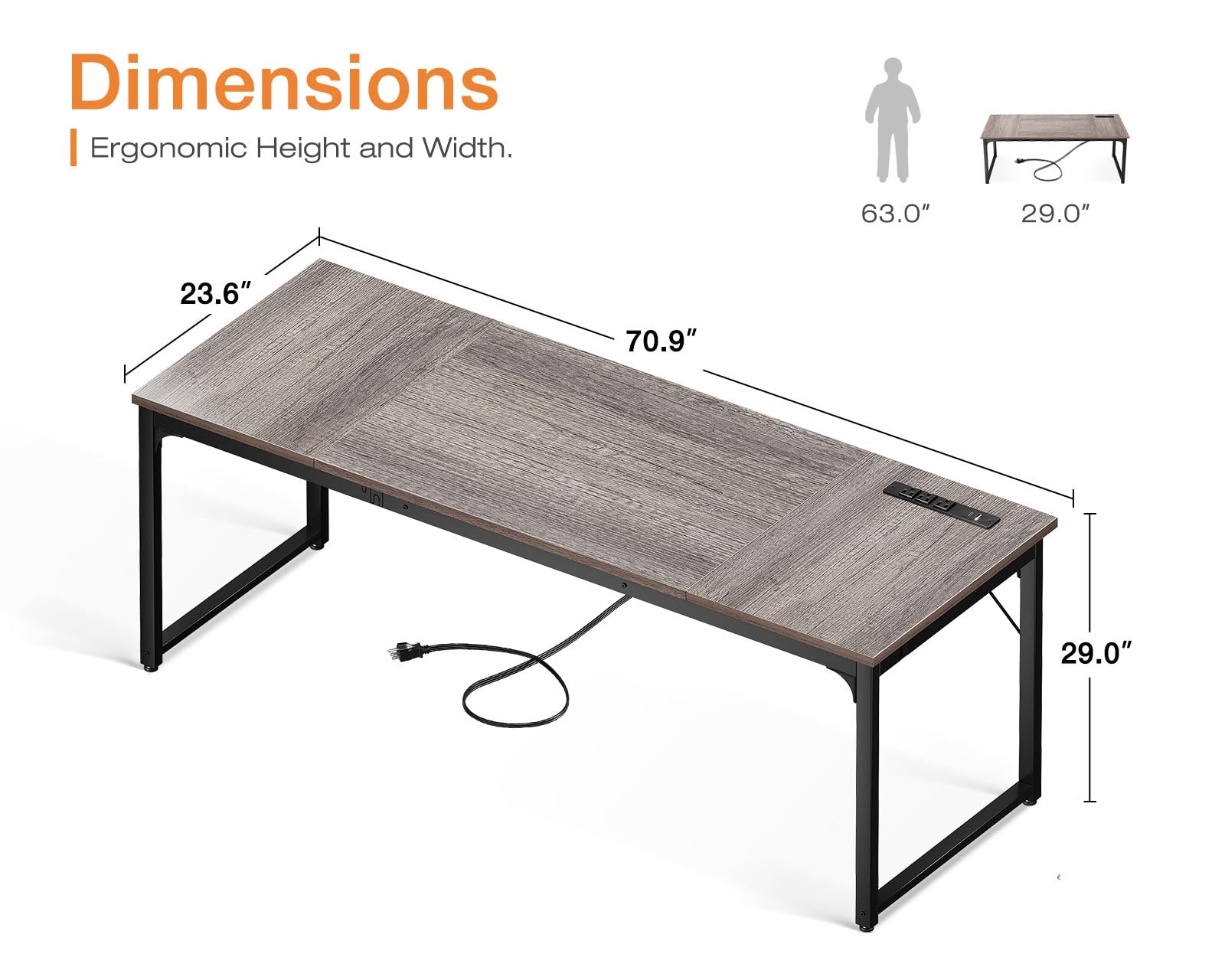 71 x 24 Inch Computer Desk with USB Ports, Large Office Desk, Long Study Student Writing Desk, Grey Oak