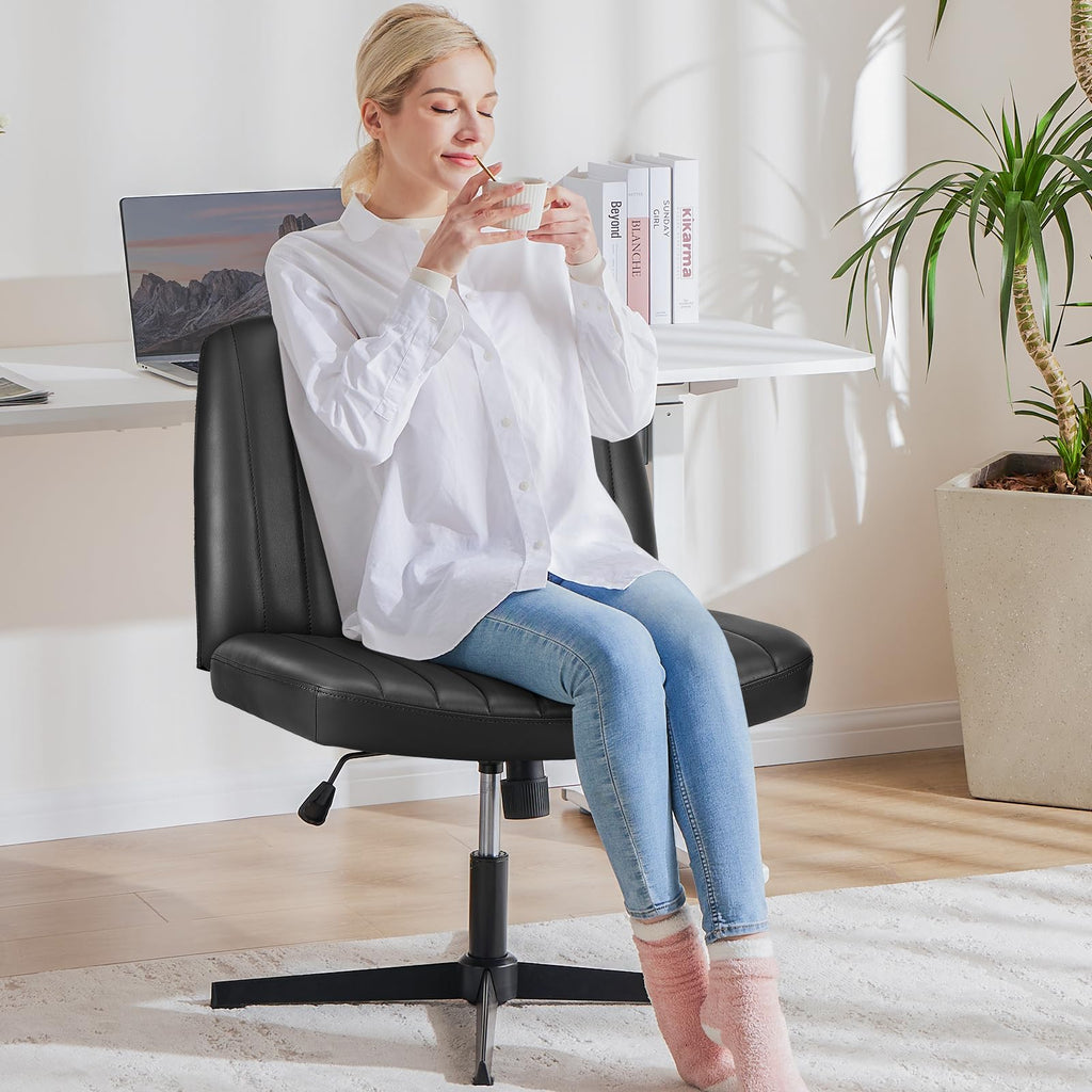 Criss Cross Legged Chairs No Wheels, Wide Seat Height Adjustable Swivel Chair,Padded PU Leather Armless Desk Chair for Home Office Bedroom, Student, Study Room,Black-Pu