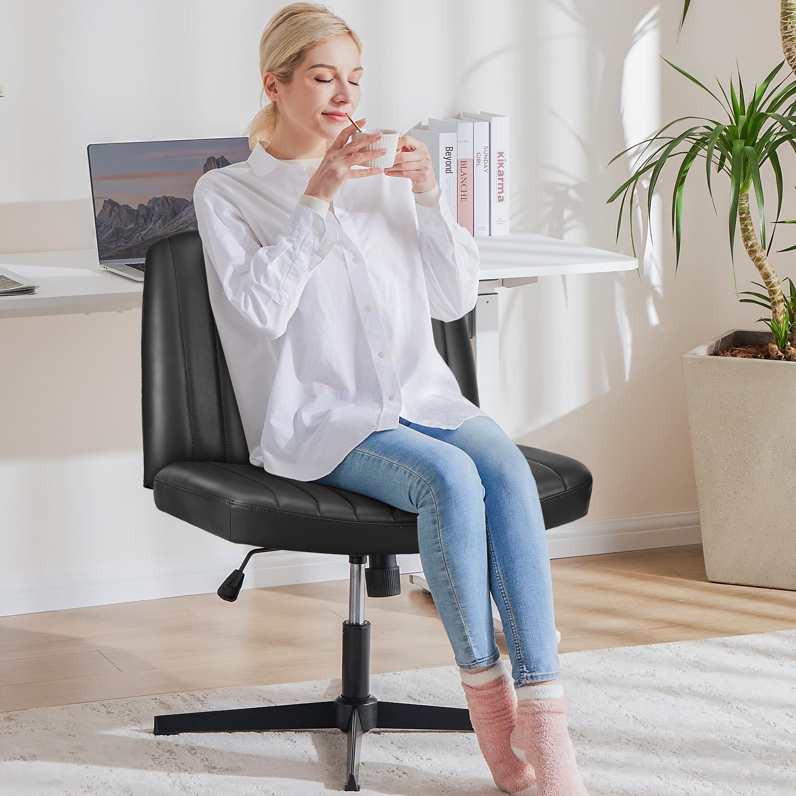 Criss Cross Legged Chairs No Wheels, Wide Seat Height Adjustable Swivel Chair,Padded PU Leather Armless Desk Chair for Home Office Bedroom, Student, Study Room,Black-Pu