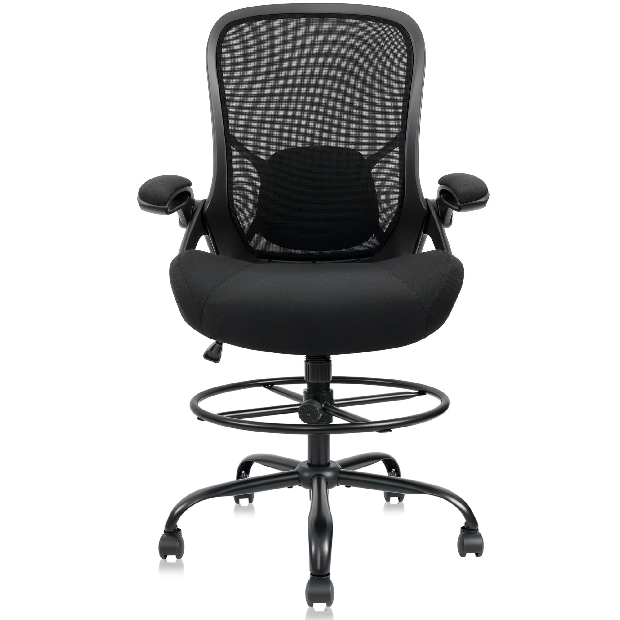 400lbs Big and Tall Heavy Duty Drafting Chair 5" Thickened Seat Tall Office Chair Flip-Up Armrests Ergonomic Chair with Lumbar Support and Adjustable Footrest Ring Standing Desk Chair (Black)