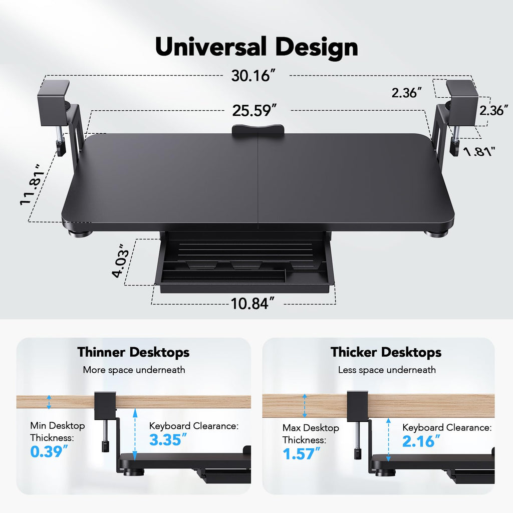 Large Under Desk Keyboard Tray with Sturdy C-Clamp Mount, 26 (30.16" Including Clamps) x 12 inch Slide-Out Platform Computer Desk Heavy Duty Keyboard Tray with Storage Drawer for Typing, Black