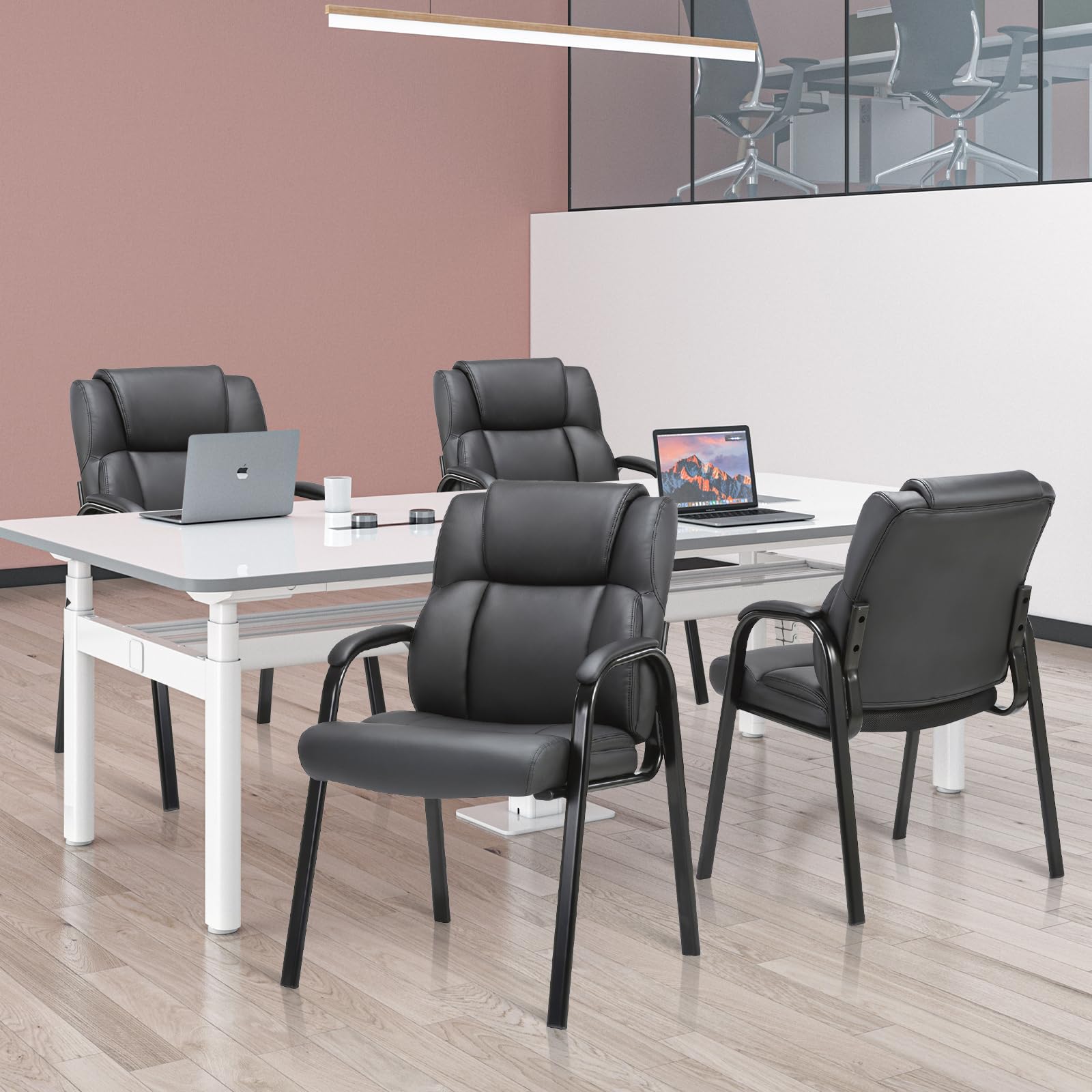 4 Pack, Leather Guest Chair with Padded Arm Rest for Reception Meeting Conference and Waiting Room Side Office Home Black