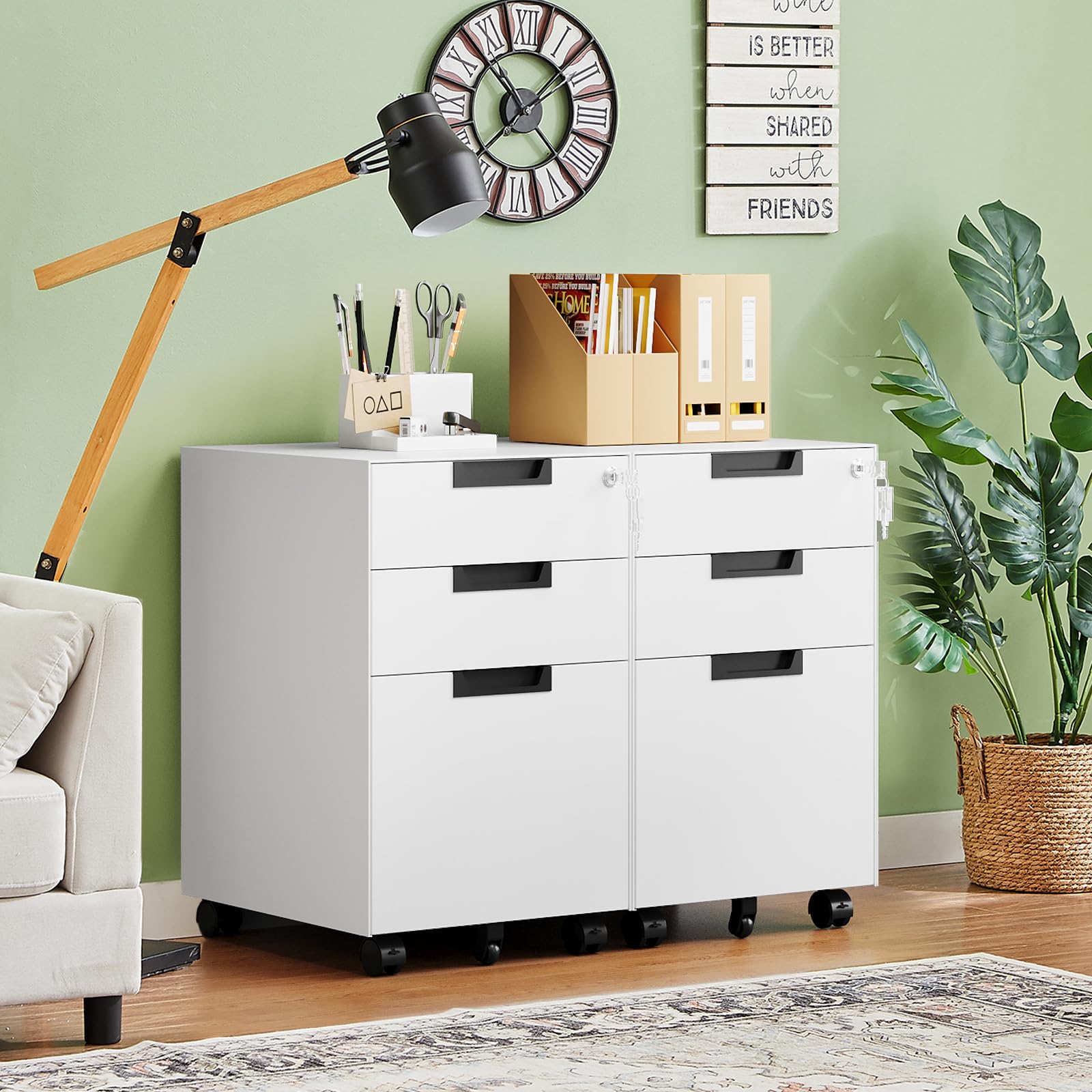 3 Drawer Mobile File Cabinet with Lock,Under Desk Metal Small Filing Cabinets for Home Office Organizer Letters/Legal/A4(Fully Assembled Except Wheels-White)