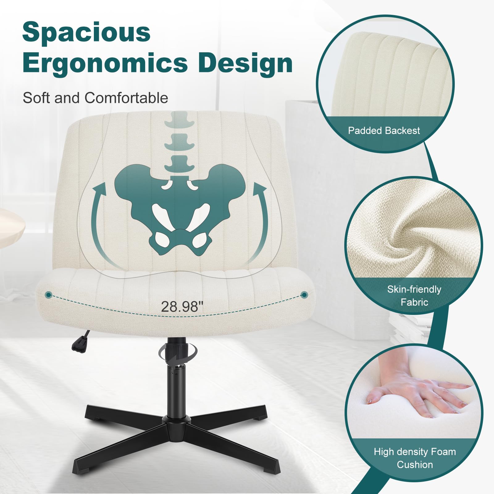 Criss Cross Legged Chairs Armless No Wheels Wide Seat Height Adjustable Swivel Padded Fabric Home Office Desk Chair for Bedroom, Student, Study Room,Beige