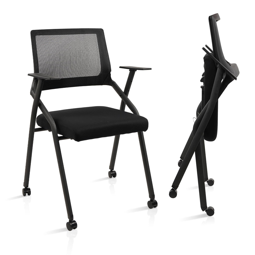 Black (2 pk) Ergonomic Stackable & Foldable Conference Room Chairs, Mesh Office Chair with Arms and Wheels for Office Waiting Room Meeting Lobby Church School Receptions and Training
