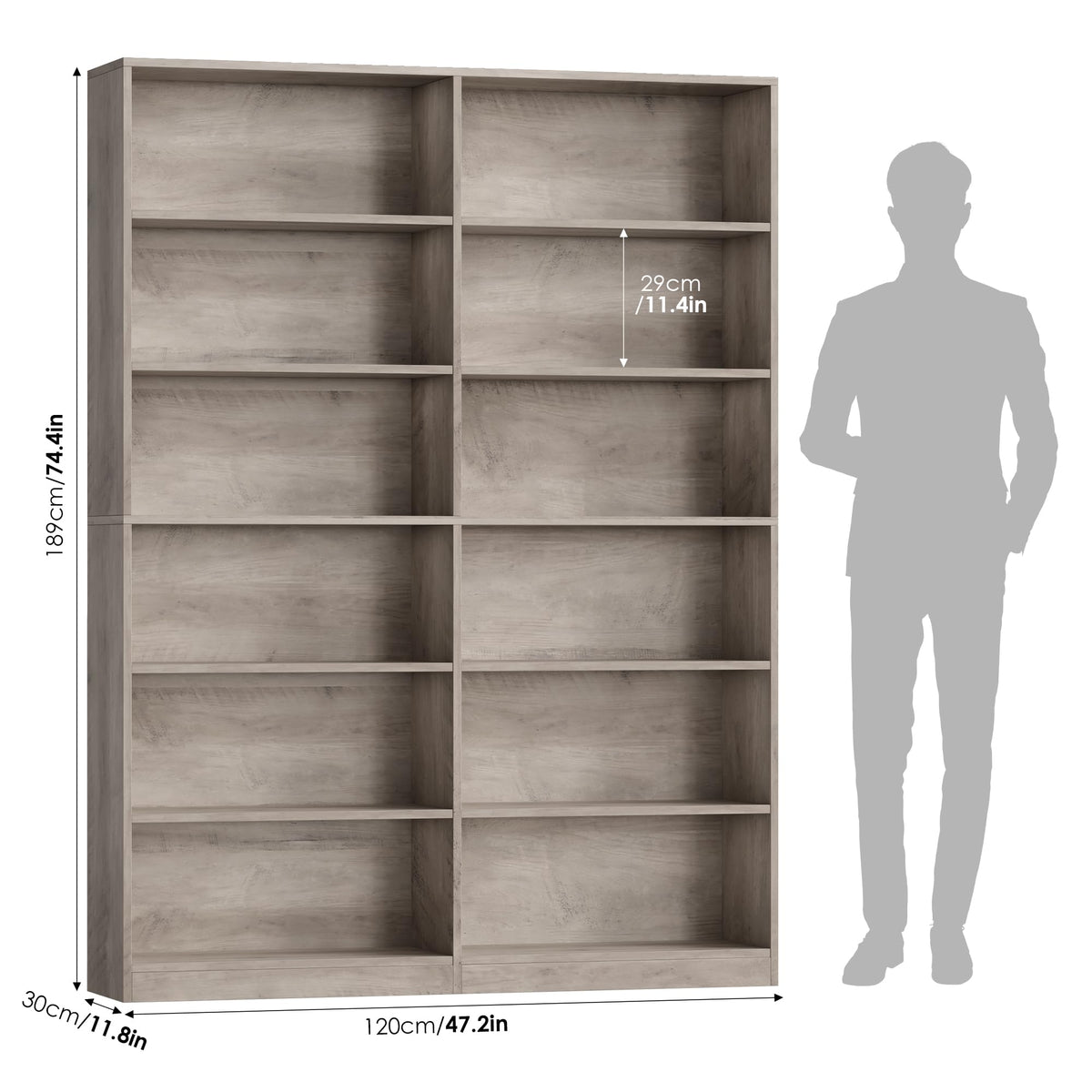 Bookshelf Tall Bookcase, 6-Tier Double Wide Bookshelves,Wash Grey