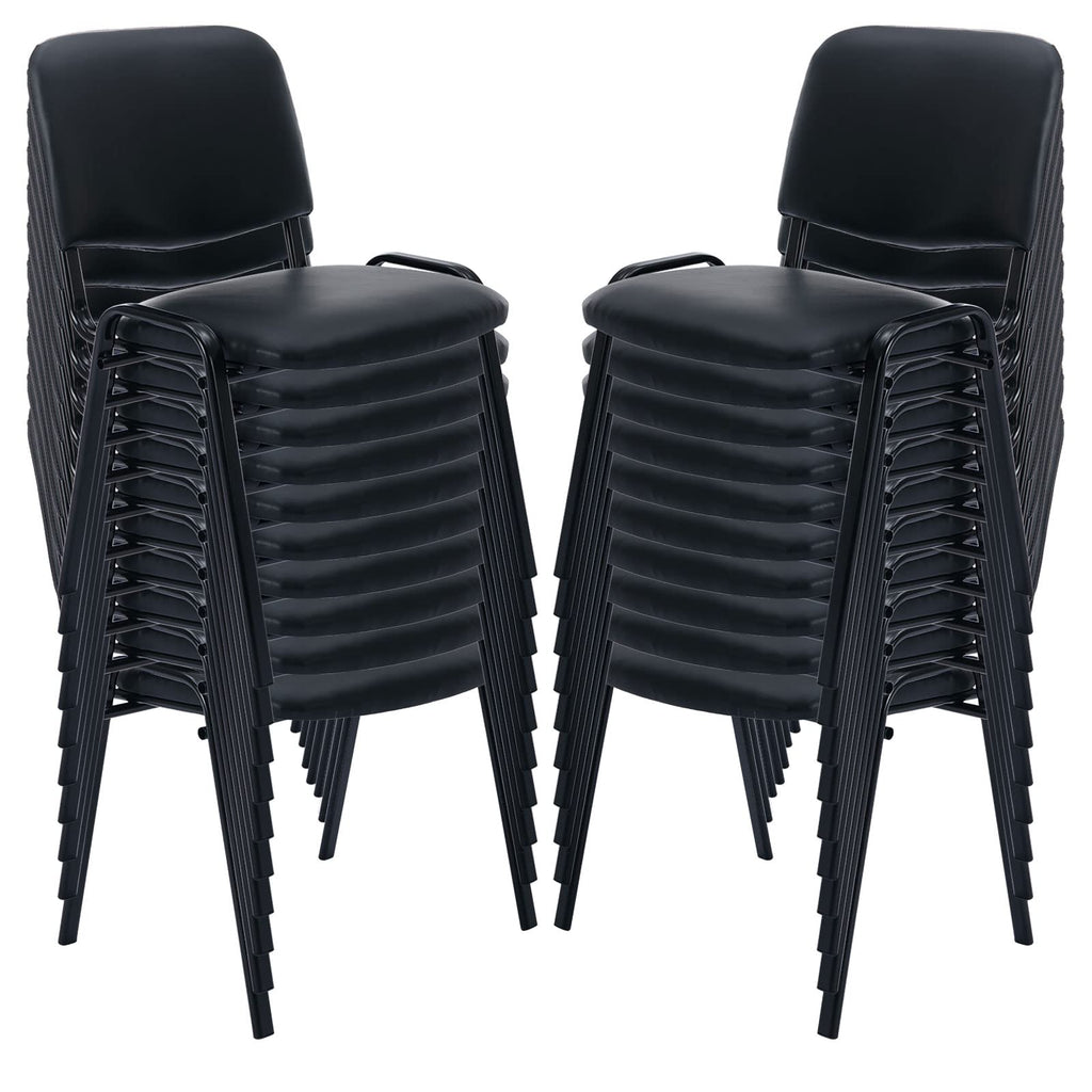 Set of 20, Black PU Leather, Stackable Office Guest Chairs, Reception Waiting Room Chairs with Padded Seat & Back, Armless No Wheels Conference Chairs for Training, Meeting, Event