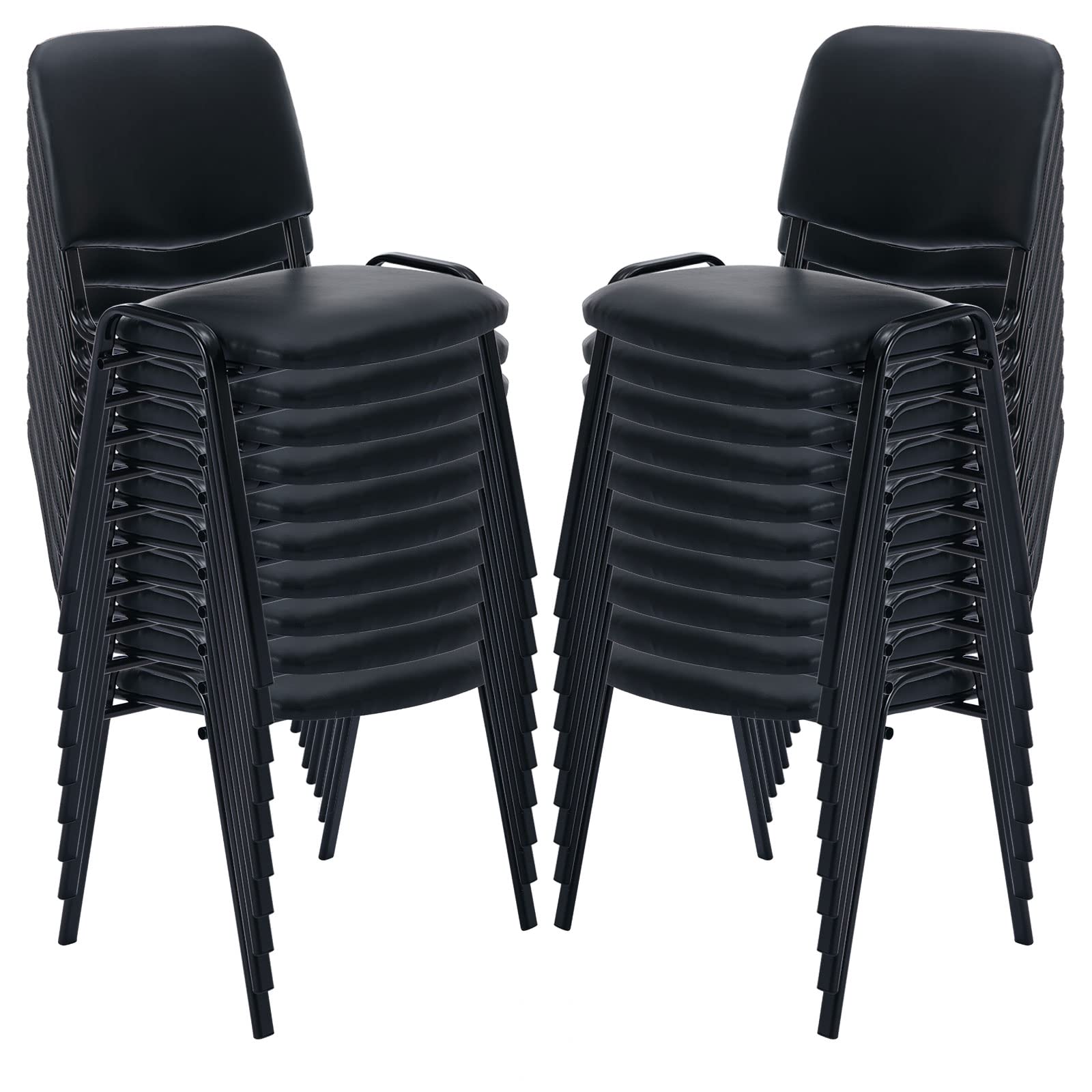 Set of 20, Black PU Leather, Stackable Office Guest Chairs, Reception Waiting Room Chairs with Padded Seat & Back, Armless No Wheels Conference Chairs for Training, Meeting, Event