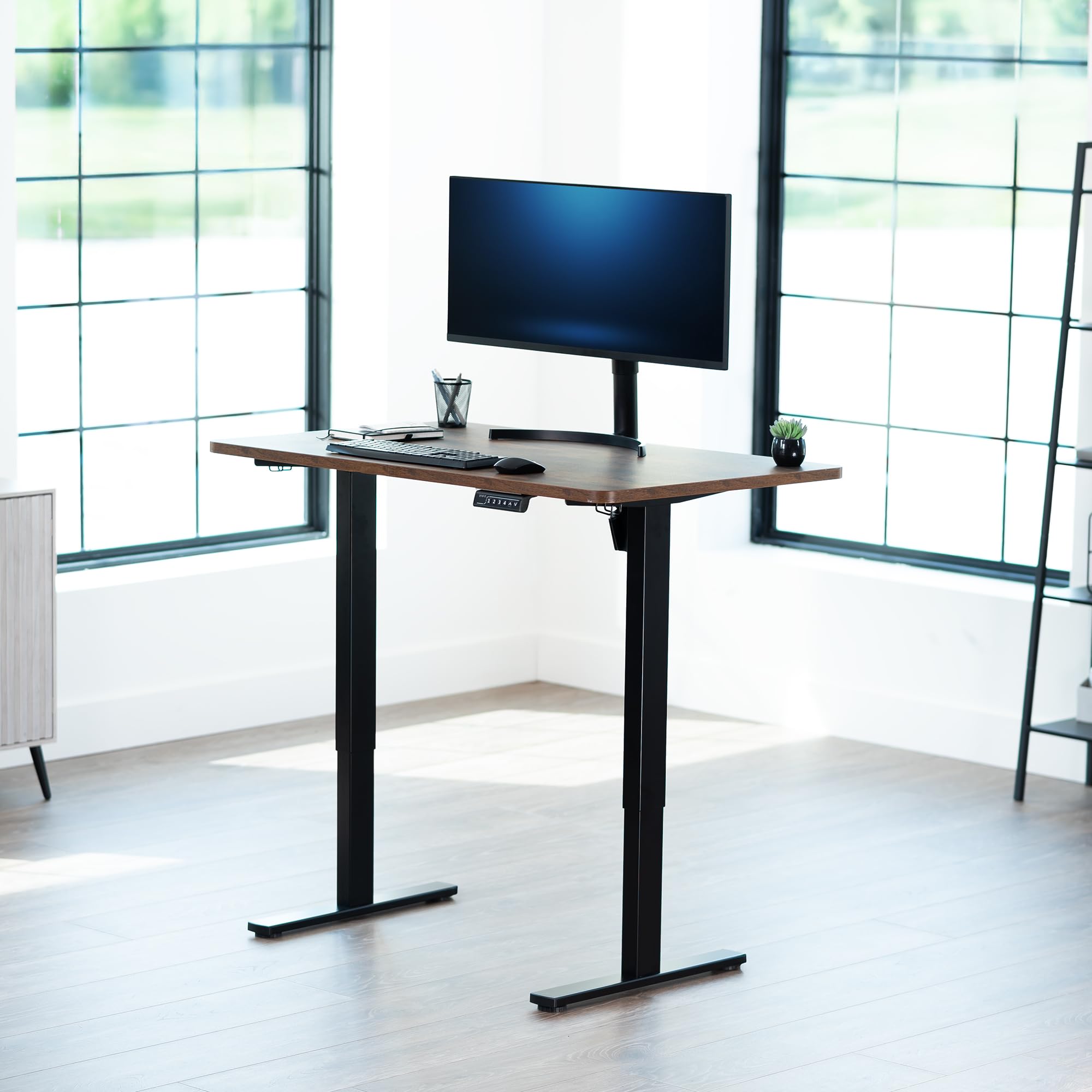 Electric 48 x 30 in Rustic Standing Desk, Memory Height Adjustment, 1B Series, Holds 220 lbs, One-Piece Vintage Brown Top, Black Frame