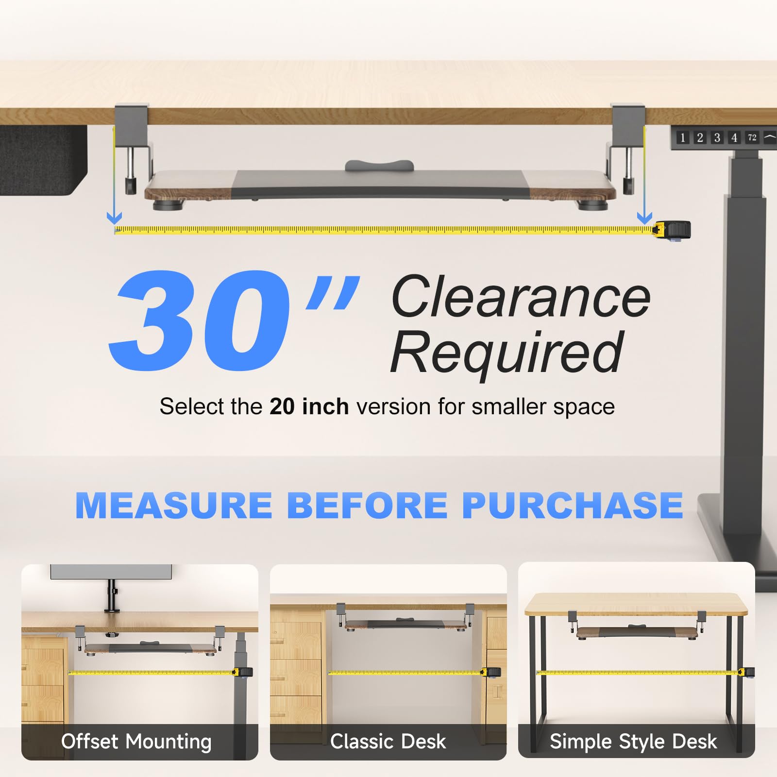 Keyboard Tray Under Desk Pull Out with C Clamp Mount, Computer Keyboard & Mouse Tray, 25.6 (30 Including Clamps) x 11.8 inch Slide-Out Platform Computer Drawer for Typing,