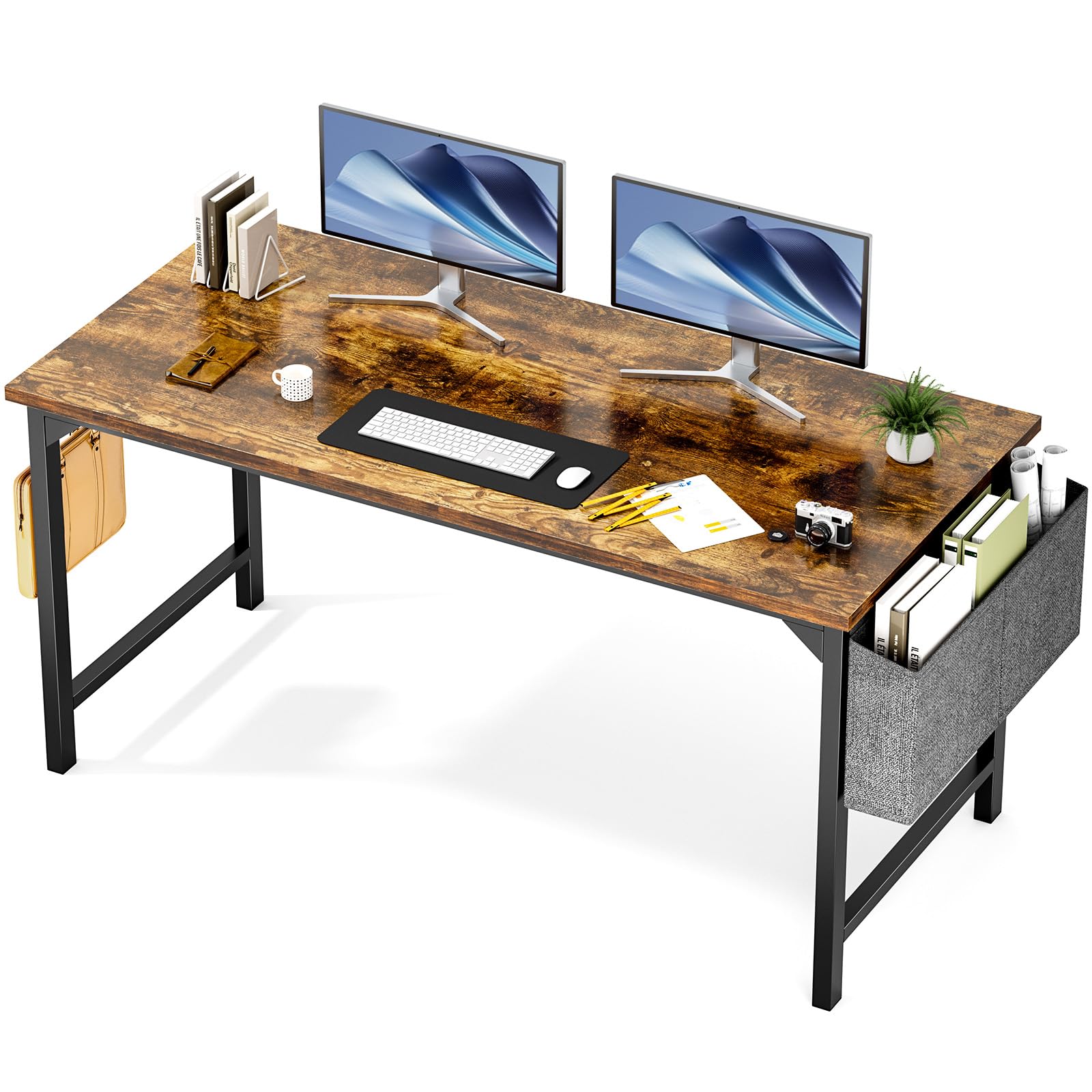 Computer Office Desk 55 Inch Student Study Writing Work with Metal Frame Wood Tabletop Modern Simple PC Home Bedroom Table, Rustic Brown, Compact Sturdy Desk for Laptop, Study, Gaming