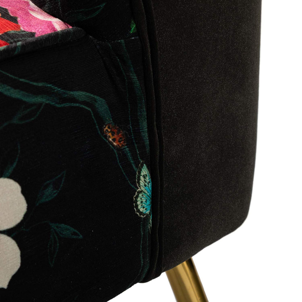Armless Accent Chair Set of 2 with Gold Metal Legs, Comfy Floral Fabric Living Room Chair Wingback Small Side Chair, Upholstered Slipper Chair for Bedroom, Reading Room (Flower, Black)