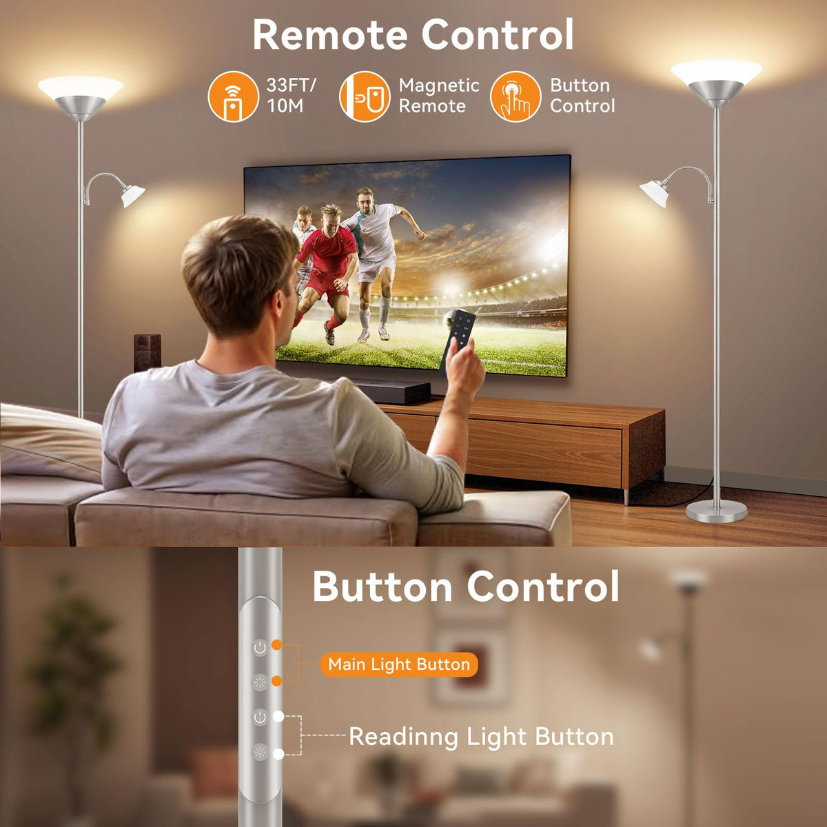 2-in-1 Torchiere Floor Lamp, 34W Super Bright LED Standing Lamp with Remote & Touch Control, 72" Dimmable Adjustable Corner Reading Lamp for Living Room, Bedroom, Office, Silver