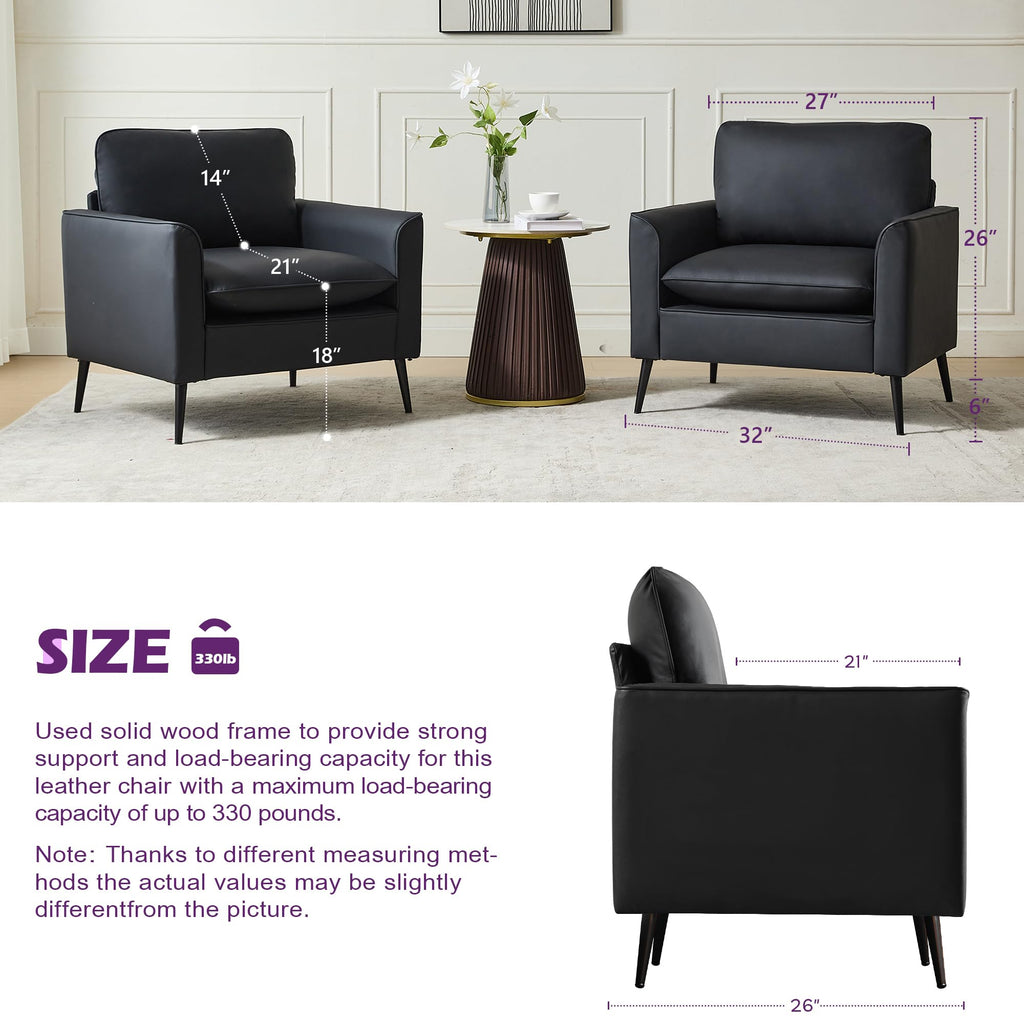 Accent Chairs Set of 2, Black Faux Leather Chairs, Mid Century Modern Comfy Living Room Chairs, Cozy Office Reading Chair, Reception Armchairs for Bedroom, Waiting Room