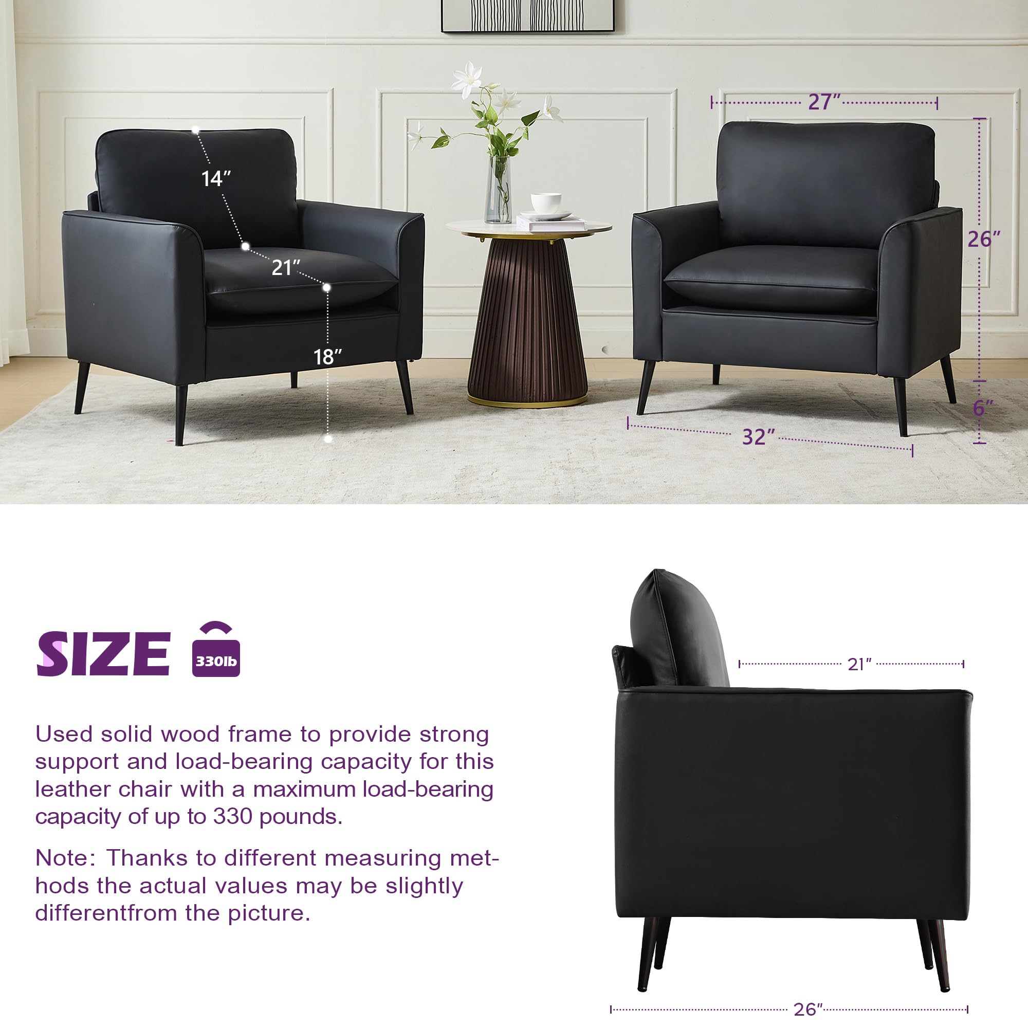 Accent Chairs Set of 2, Black Faux Leather Chairs, Mid Century Modern Comfy Living Room Chairs, Cozy Office Reading Chair, Reception Armchairs for Bedroom, Waiting Room