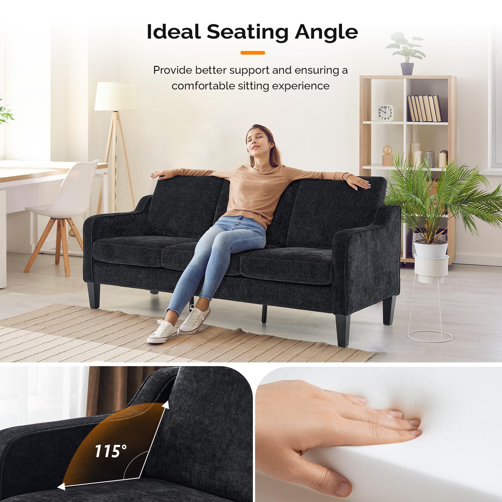 71" Small Couch Comfy 3 Seater Upholstered Chenille Sofa Mid-Century Modern Floor Sofas for Small Spaces, Bedroom, Apartment, Lounge, Office