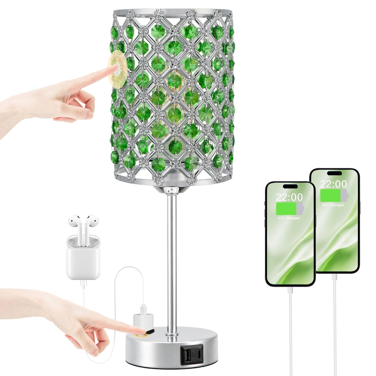 Crystal Lamp for Night Stands, Green Table Lamp for Bedroom, Bulb Included