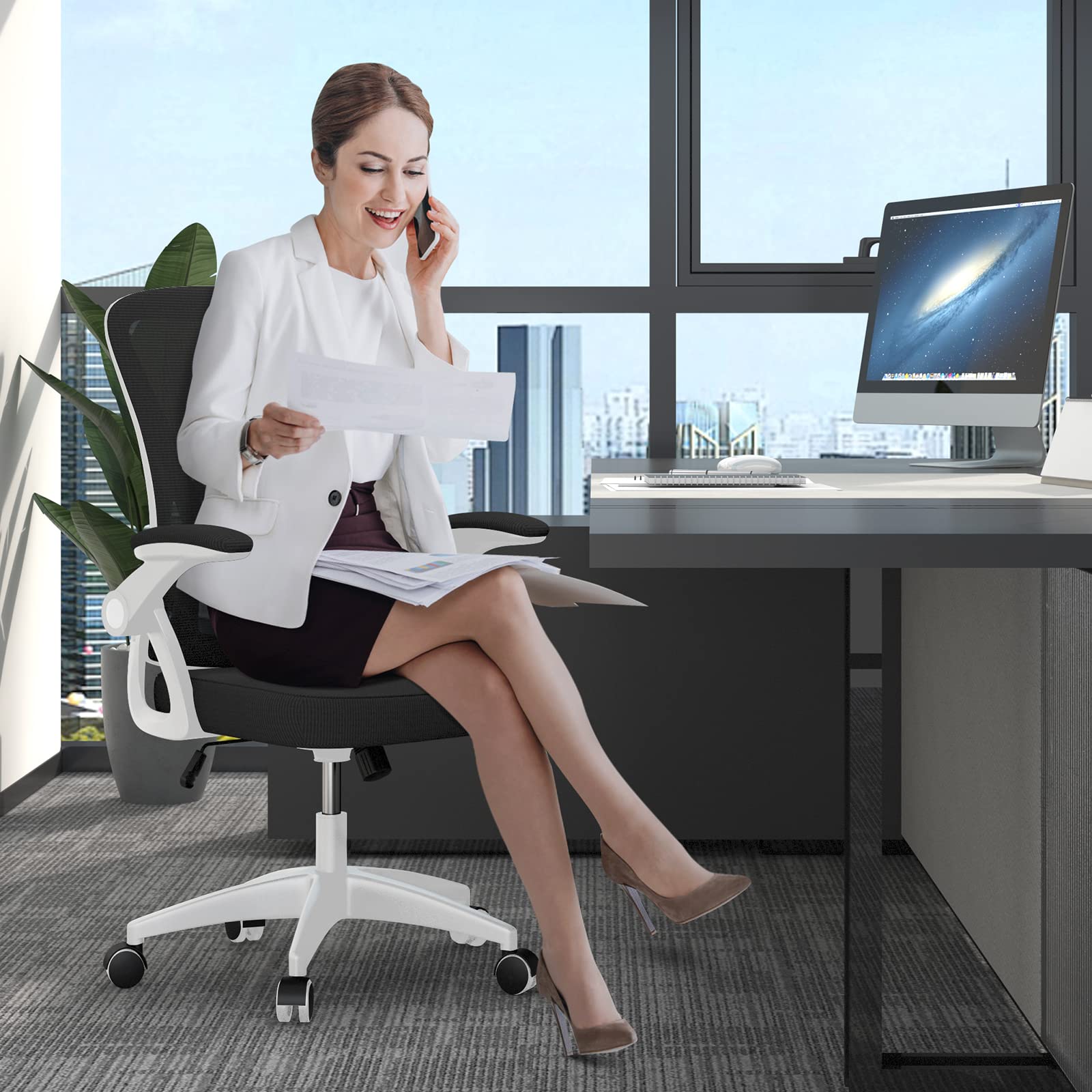 Ergonomic Office Chair, Mid-Back Computer Chair with Adjustable Height, Flip-Up Arms and Lumbar Support, Breathable Bright White Mesh Desk Chair for Home Study Working