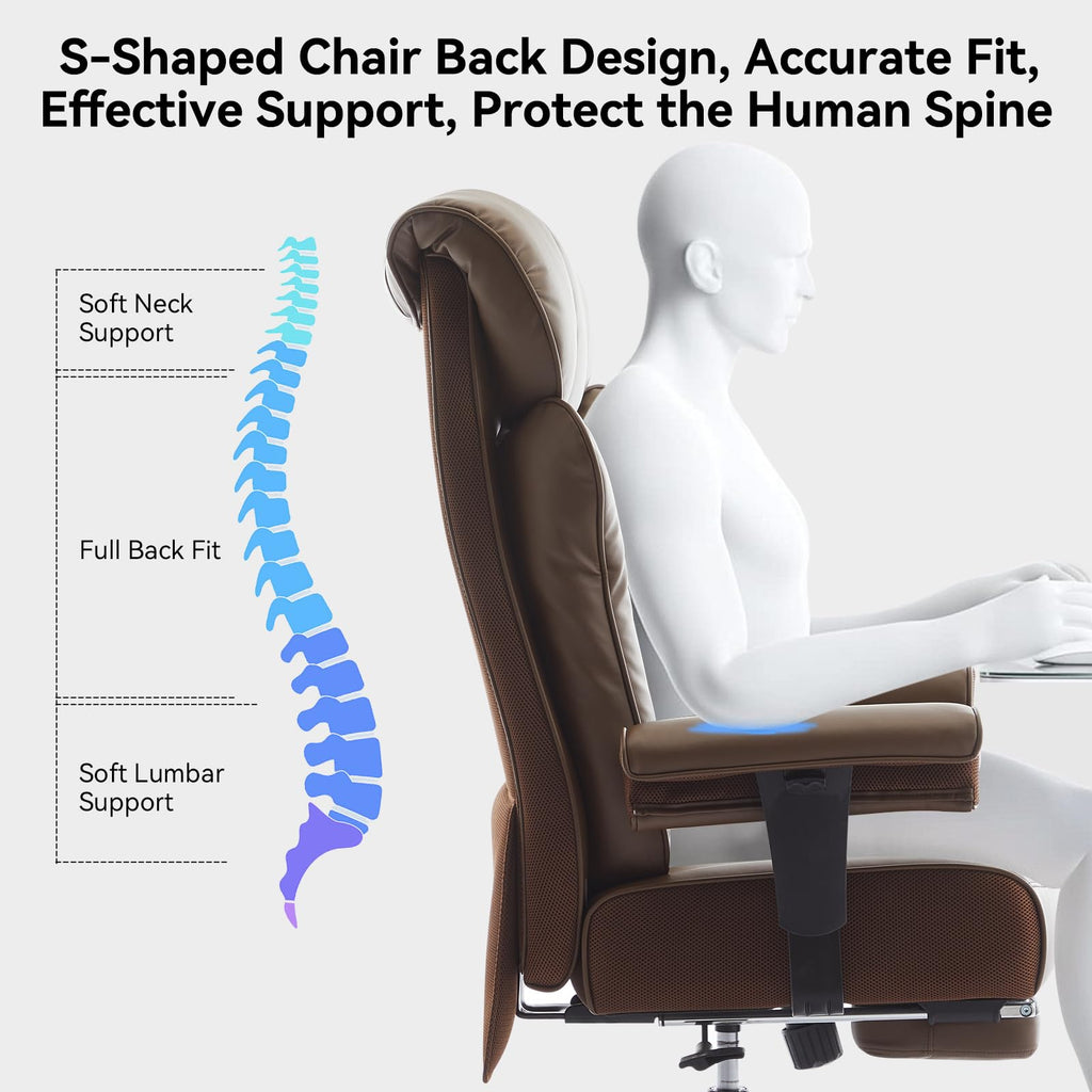 Big and Tall Office Chair 400lbs - Heavy Duty Executive Desk Chair with Foot Rest & 23" Wide Seat - High Back Ergonomic Leather Computer Chair for Heavy People, Home Office, Brown