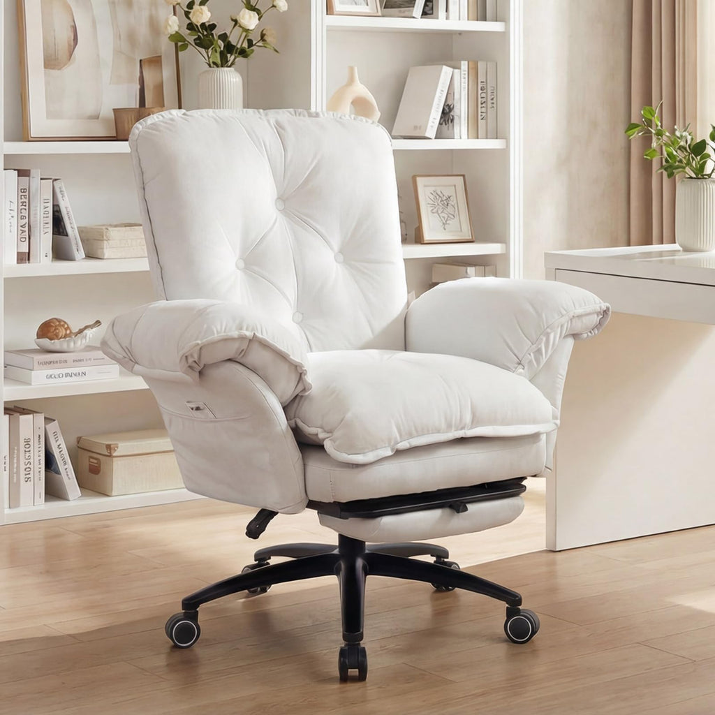 Criss Cross Chair with Adjustable Arms and Foot Rest, Wide Seat Reclining Office Chair with Wheels, Makeup Vanity Chair with Side Pockets, Comfy Velvet Cross Legged Desk Chair, Beige