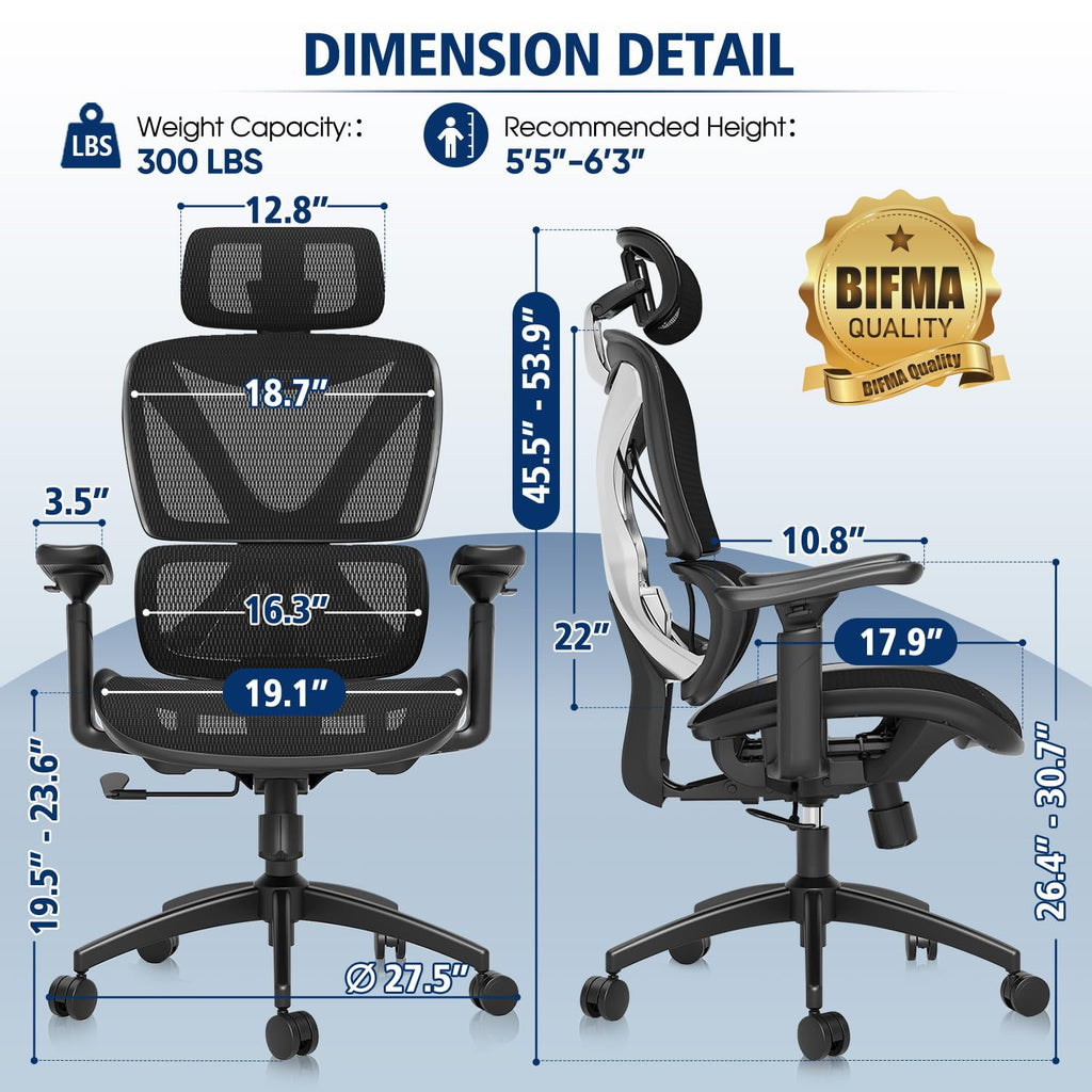 Ergonomic Office Chair, Big and Tall Mesh Chair with Lumbar Support, 3D armrest - 215° Rotation, Adjustable Headrest & Soft Seat, Durable Computer Chair 350LBS for Work Gaming