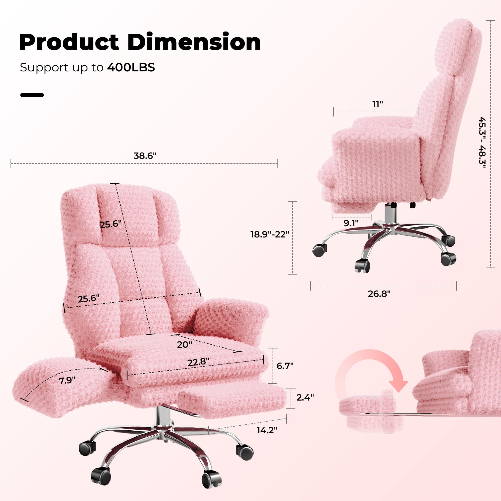Big and Tall Office Chair, Flip Armrests for Pets & Cross Legged Sitting, Executive Ergonomic Computer Gaming Chair with Foot Rest, Rose Velvet Pink Wide Seat Reclining Desk Chair