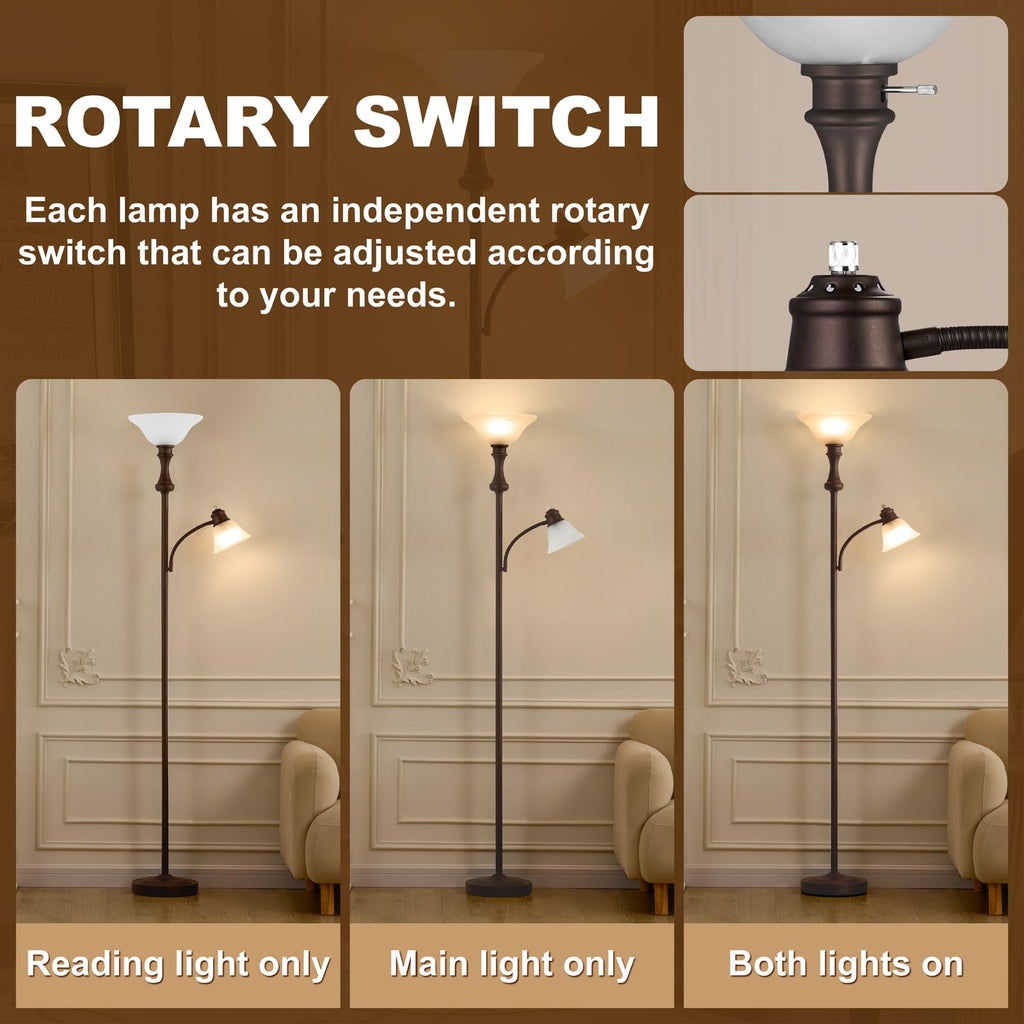 Torchiere Brown Floor Lamp with Adjustable Angle Reading Lamp-71IN