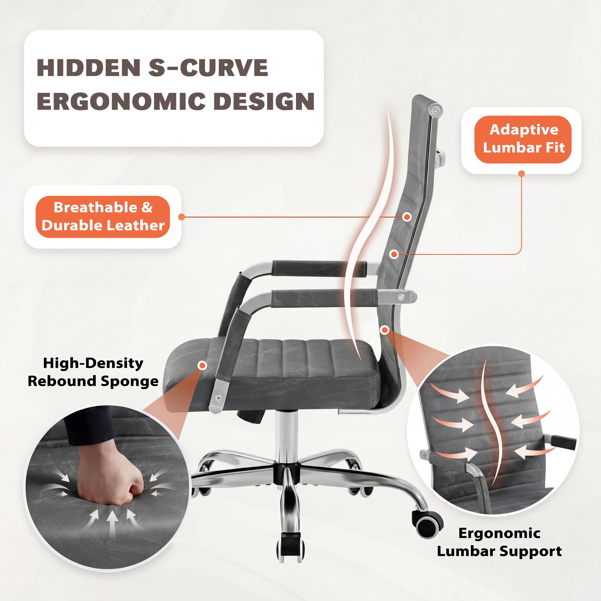 (2, Bicolor Vintage Grey) Ergonomic Office Desk Chair, Executive Ribbed Mid-Back PU Leather Conference Room Chair Adjustable Swivel Chair with Arms